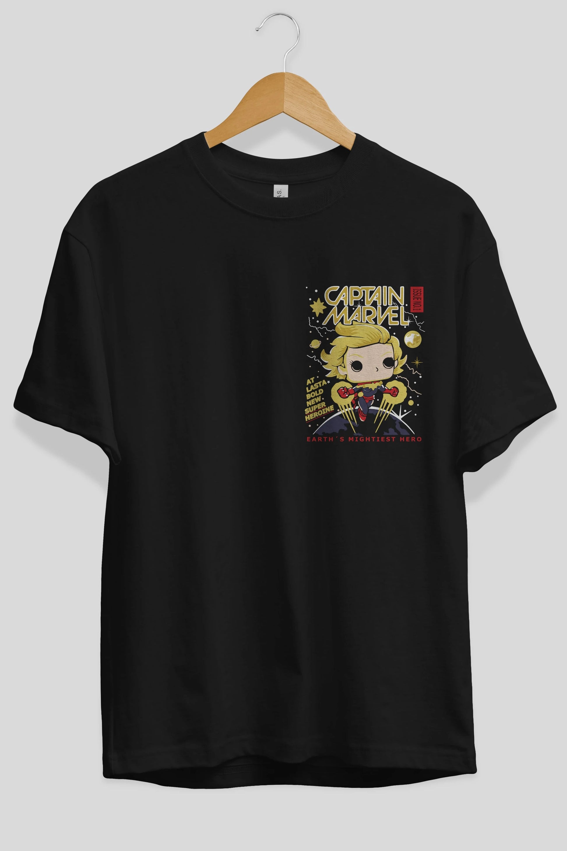 Captain Marvel Ön Sol Baskılı Oversize t-shirt Erkek Kadın Unisex %100 Pamuk Bisiklet Yaka tişort
