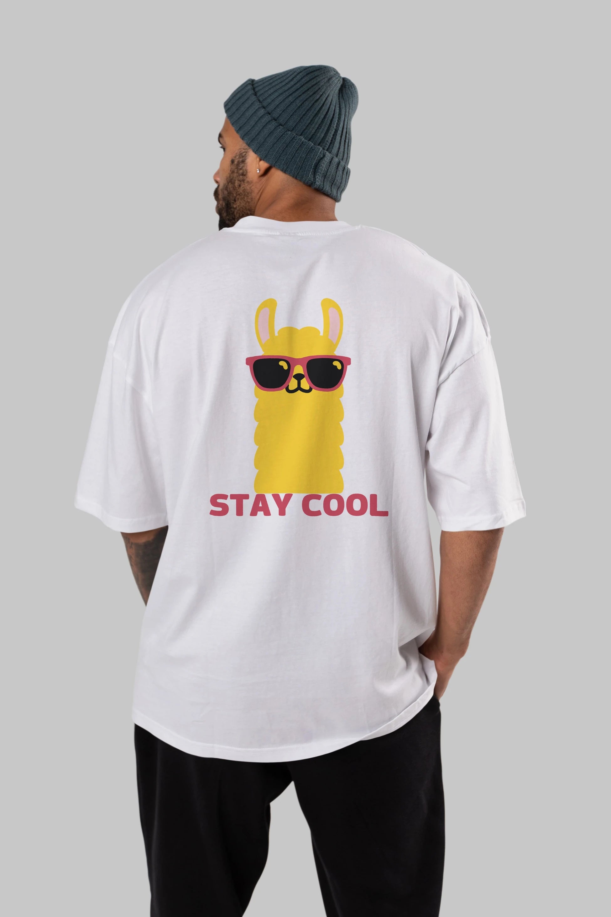 Stay Cool Yazılı Lama Arka Baskılı Oversize t-shirt Erkek Kadın Unisex