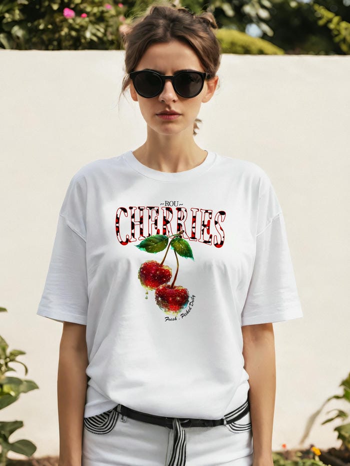 Cherry Cherries 7 Ön Baskılı Oversize t-shirt Erkek Kadın Pamuk Bisiklet Yaka tişort
