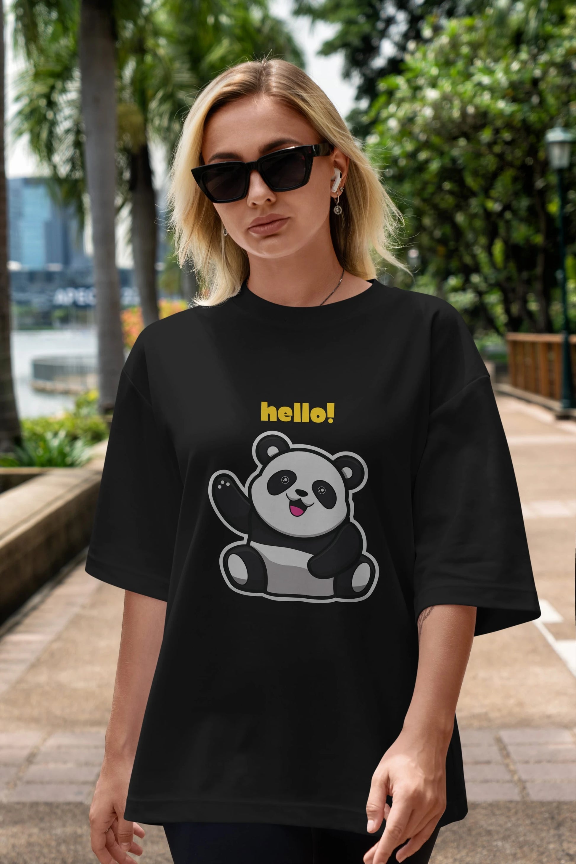 Hello Panda Ön Baskılı Oversize t-shirt Erkek Kadın Unisex