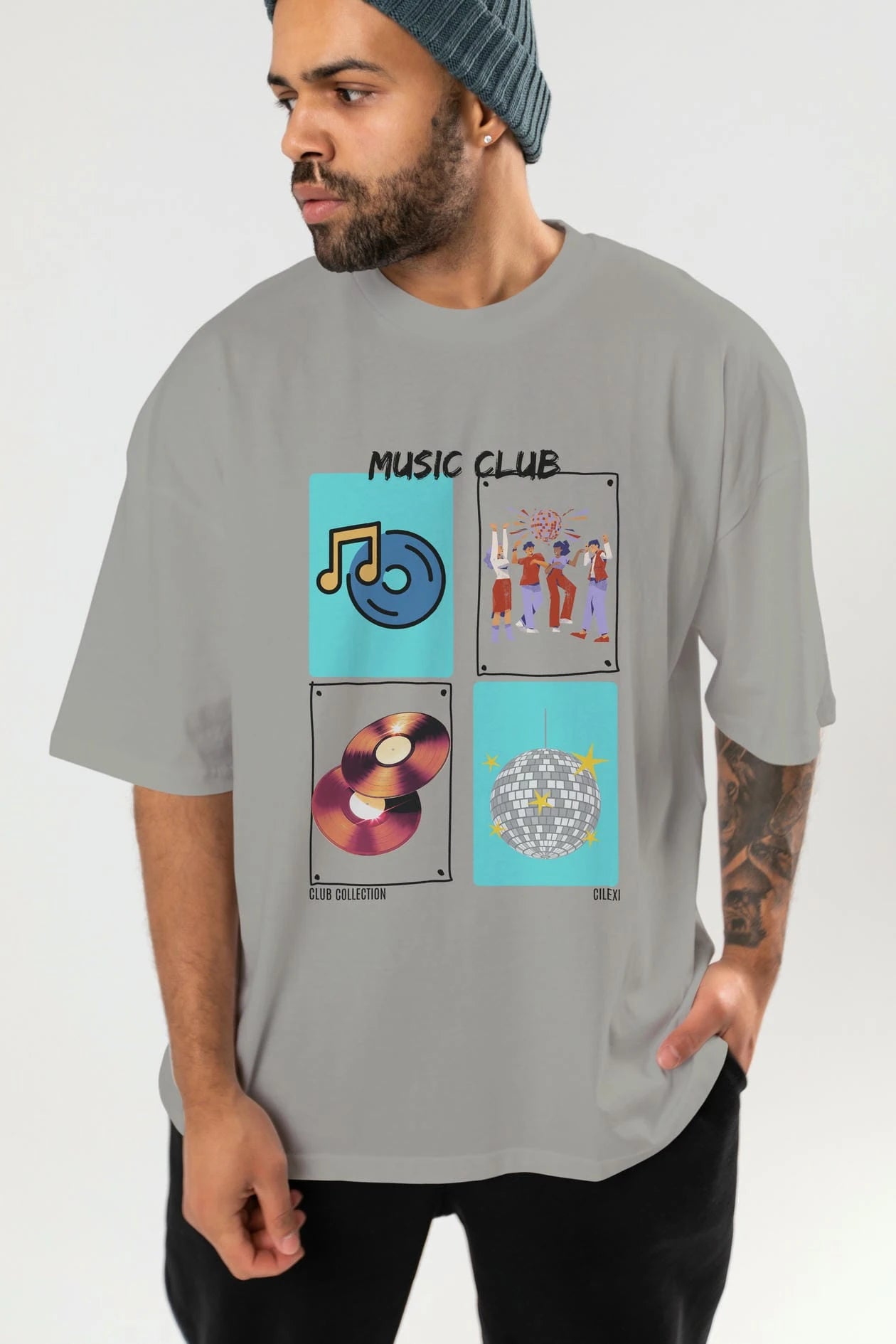 Music Club ön Baskılı Oversize t-shirt Erkek Kadın %100 Pamuk Bisiklet Yaka tişort