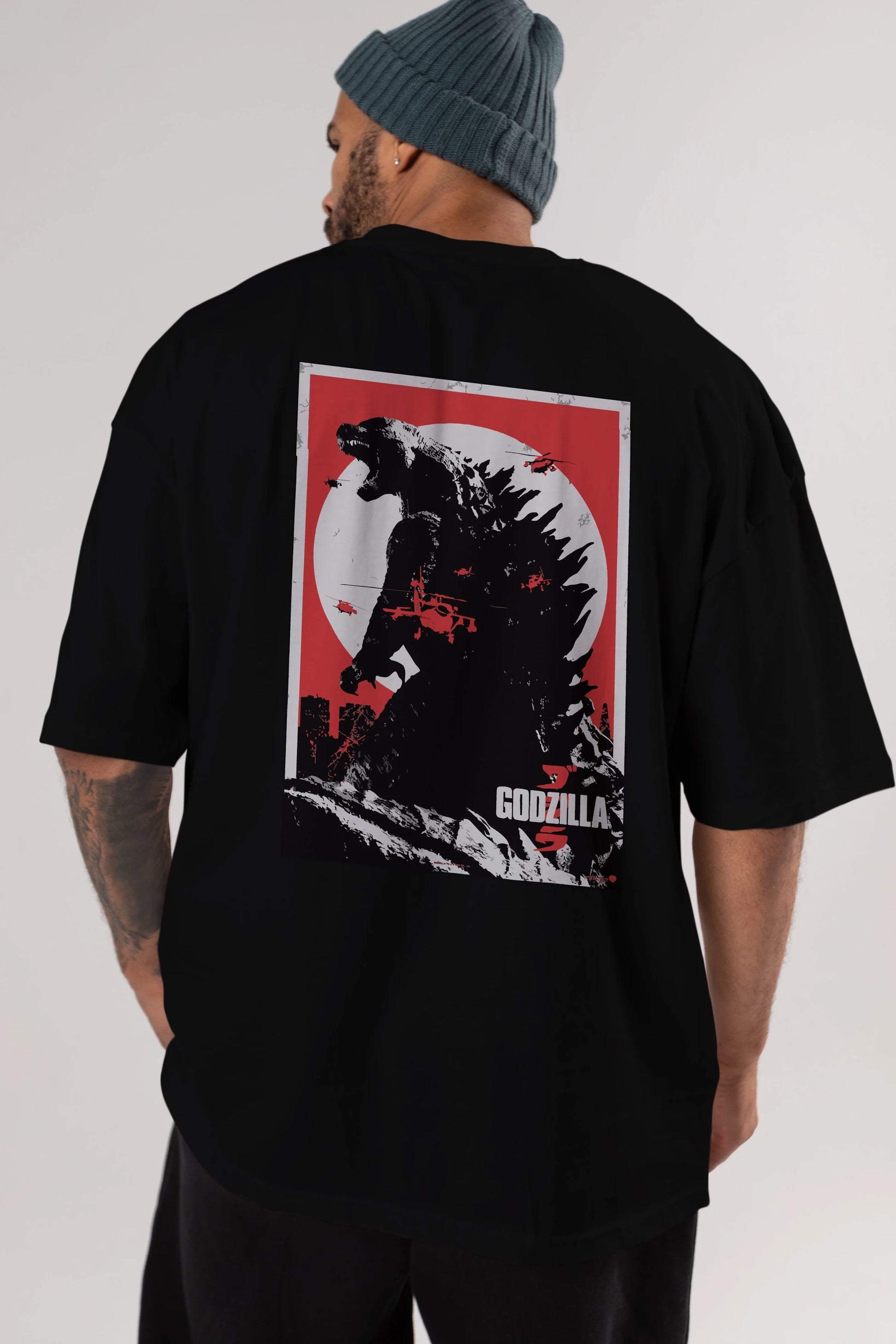 Godzilla (2) Arka Baskılı Oversize t-shirt Erkek Kadın Unisex %100 Pamuk Bisiklet Yaka tişort