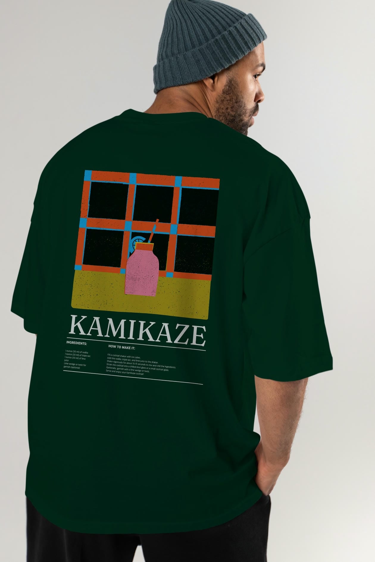 Kamikaze Kokteyl Serisi Arka Baskılı Oversize t-shirt Erkek Kadın %100 Pamuk Bisiklet Yaka tişort