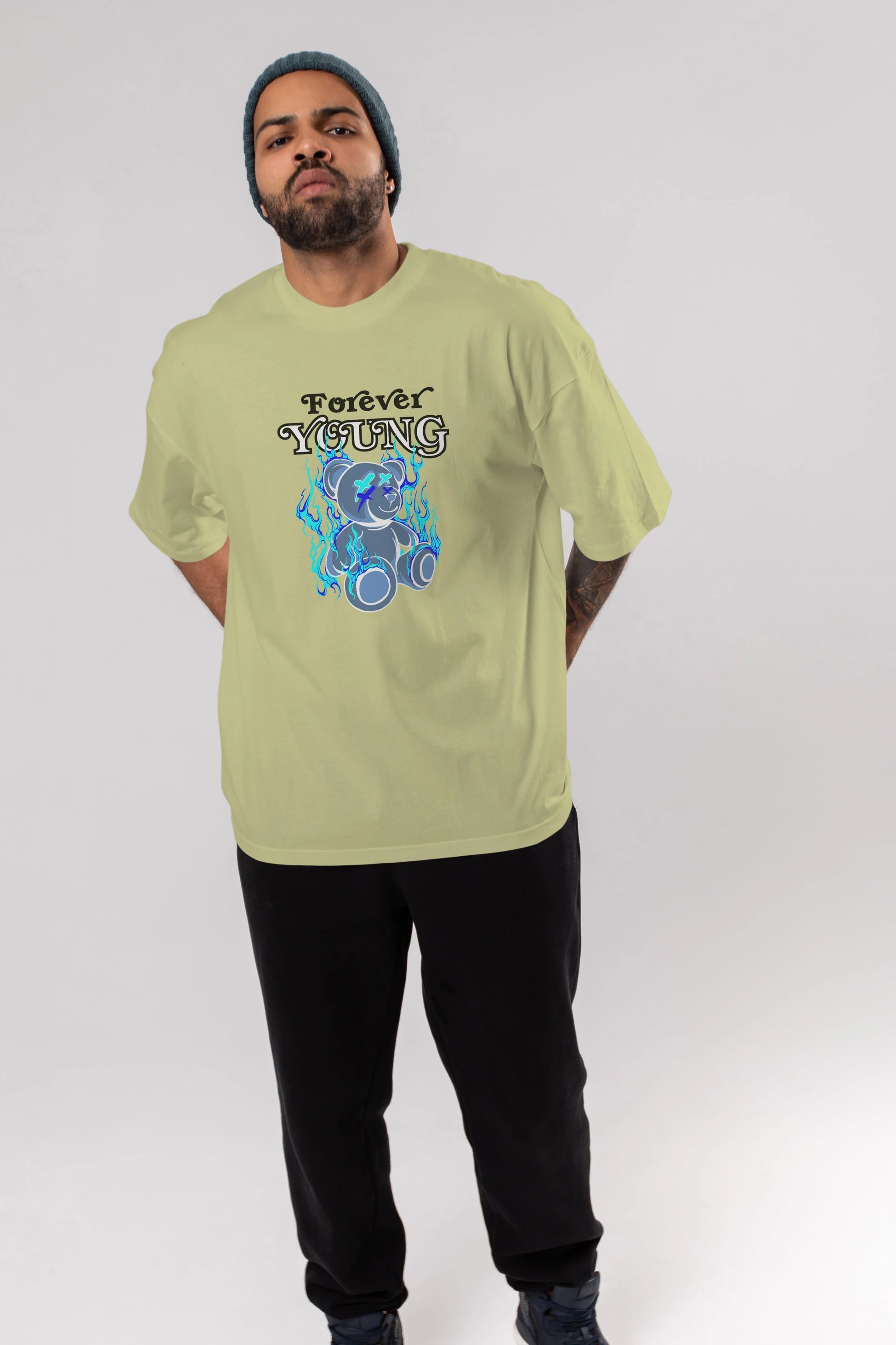 Forever Young Bear Ön Baskılı Oversize t-shirt Erkek Kadın Unisex