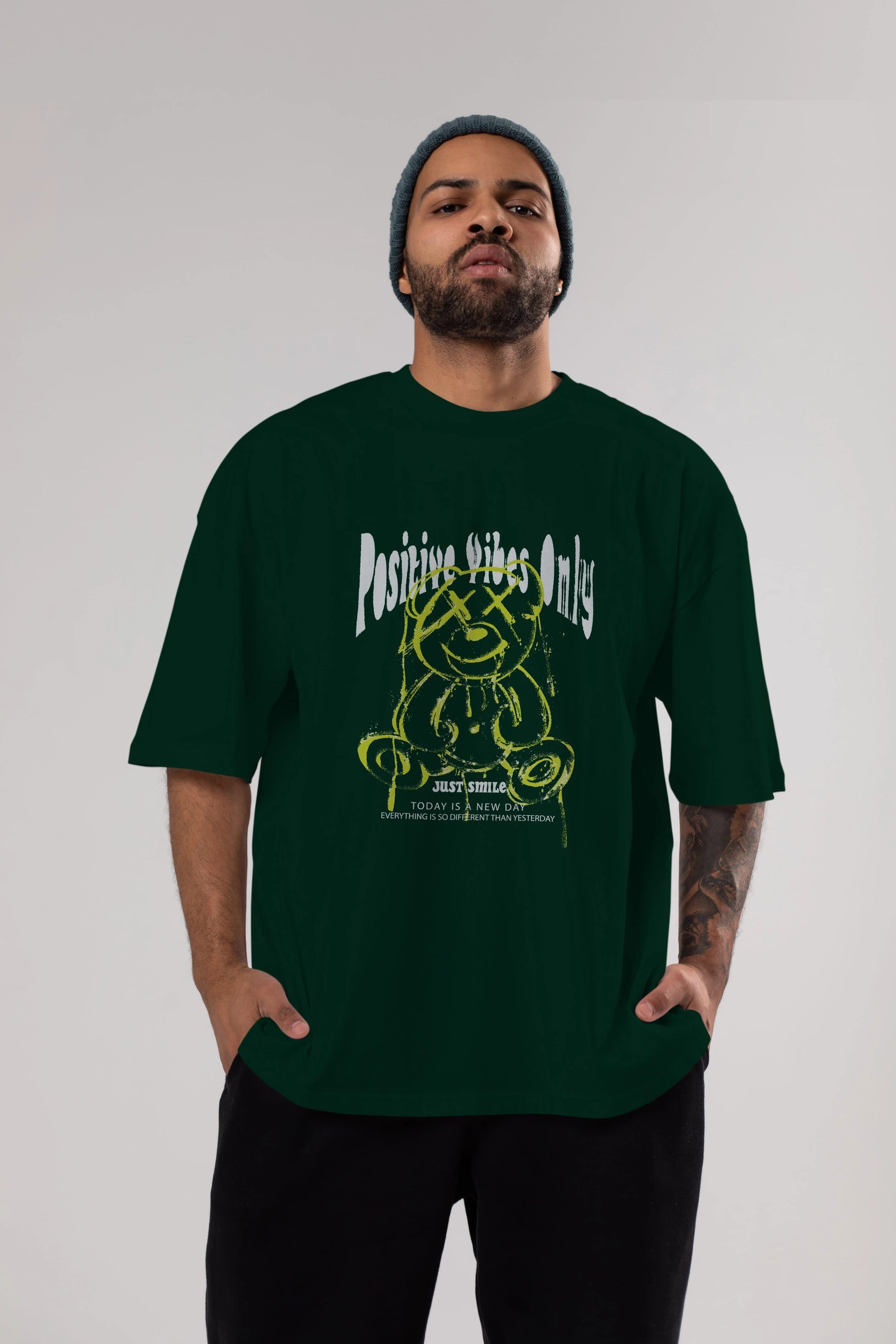 Positive Vibes Only Bear Ön Baskılı Oversize t-shirt Erkek Kadın Unisex