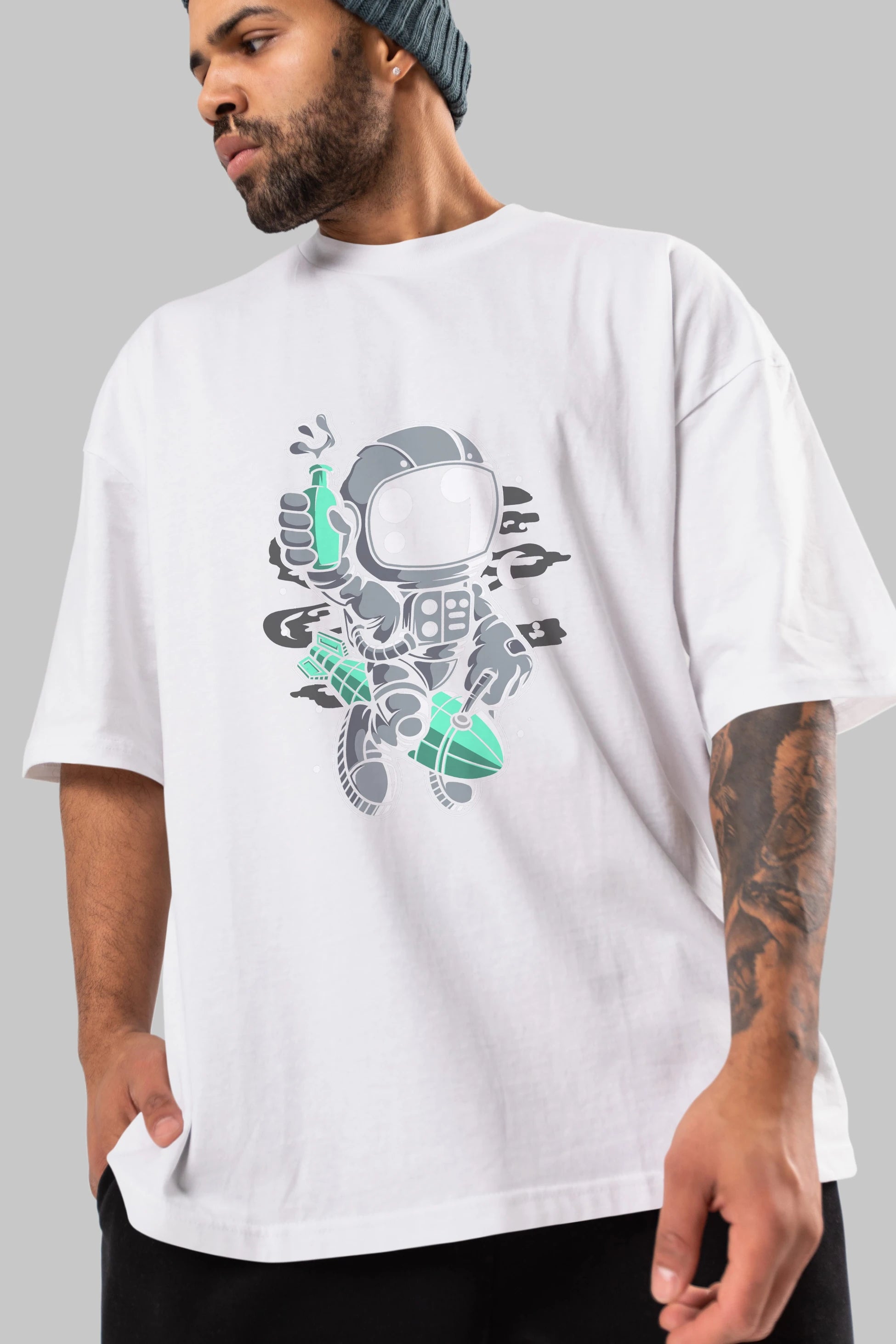 Astronaut Rocket Ön Baskılı Oversize t-shirt Erkek Kadın Unisex