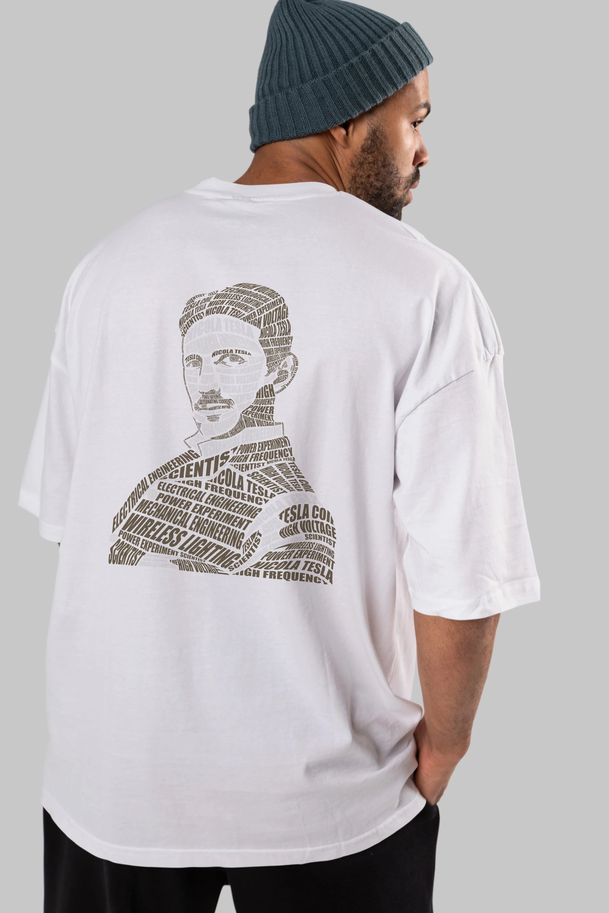 Nikola Tesla Calligram Arka Baskılı Oversize t-shirt %100 pamuk Erkek Kadın Unisex