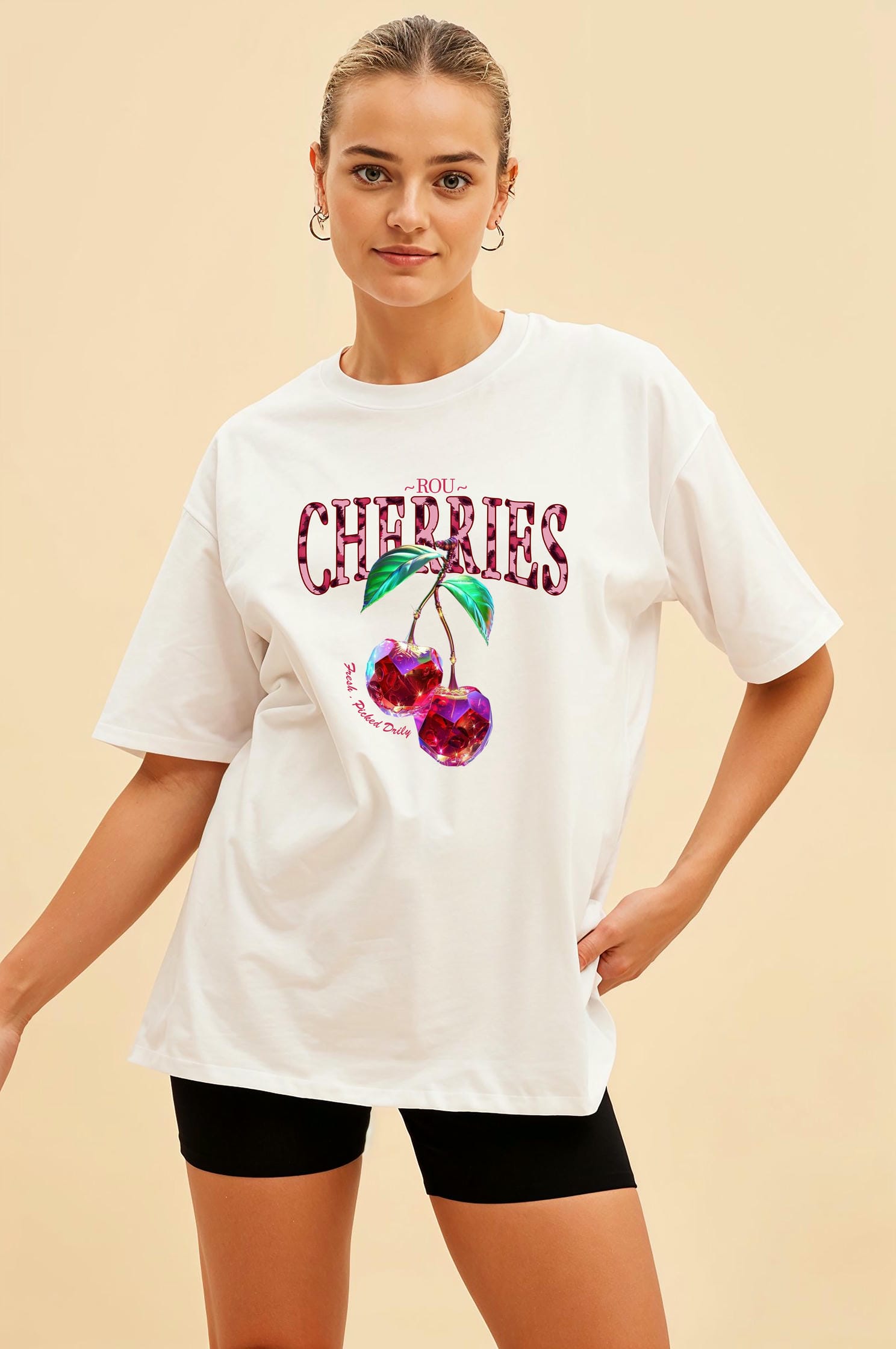 Cherry Cherries 4 Ön Baskılı Oversize t-shirt Erkek Kadın Pamuk Bisiklet Yaka tişort