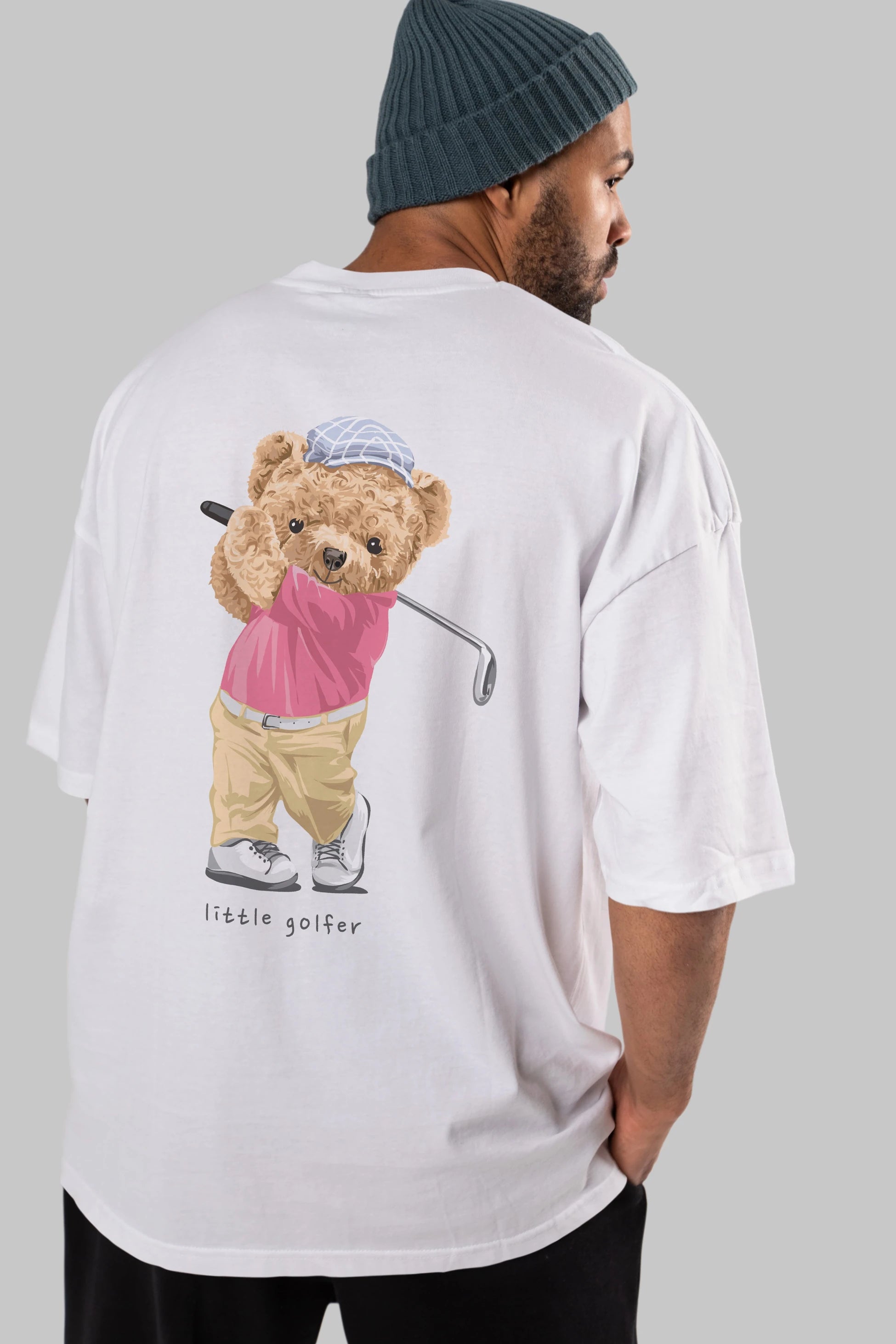 Teddy Bear Little Golfer Arka Baskılı Oversize t-shirt Erkek Kadın Unisex %100 Pamuk