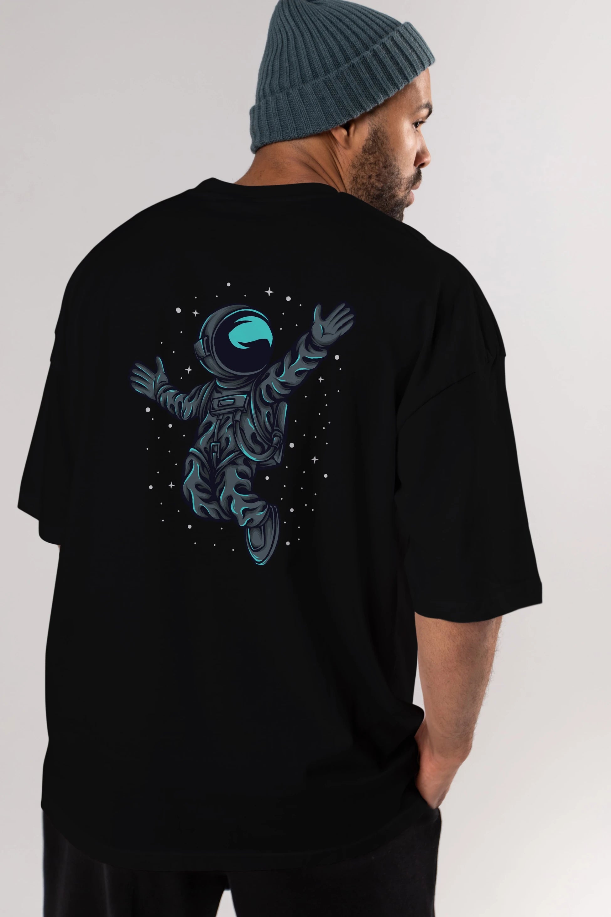Happy Astronaut Arka Baskılı Oversize t-shirt Erkek Kadın Unisex