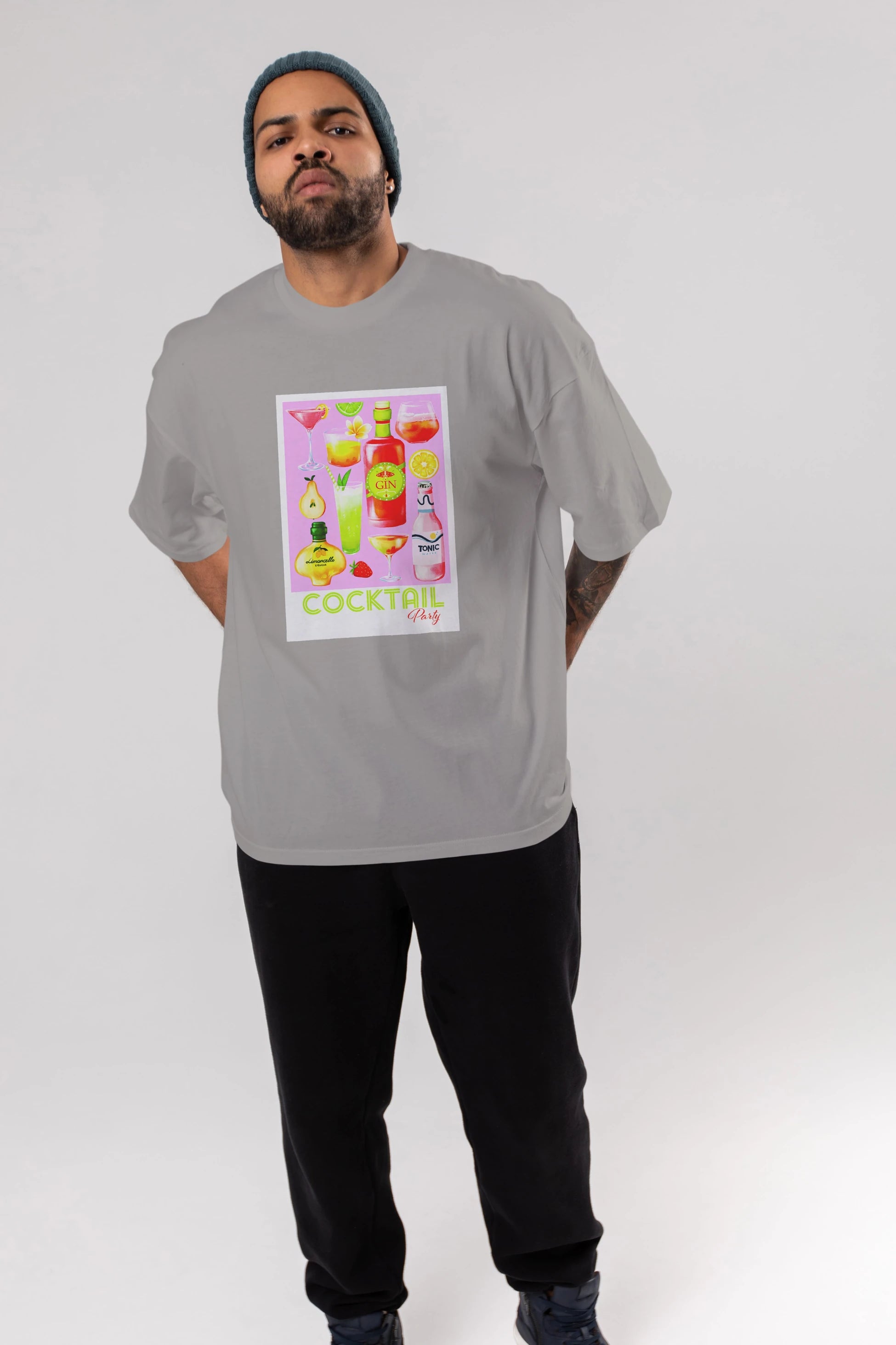 Cocktail Party Ön Baskılı Oversize t-shirt Erkek Kadın Unisex %100 Pamuk Bisiklet Yaka tişort