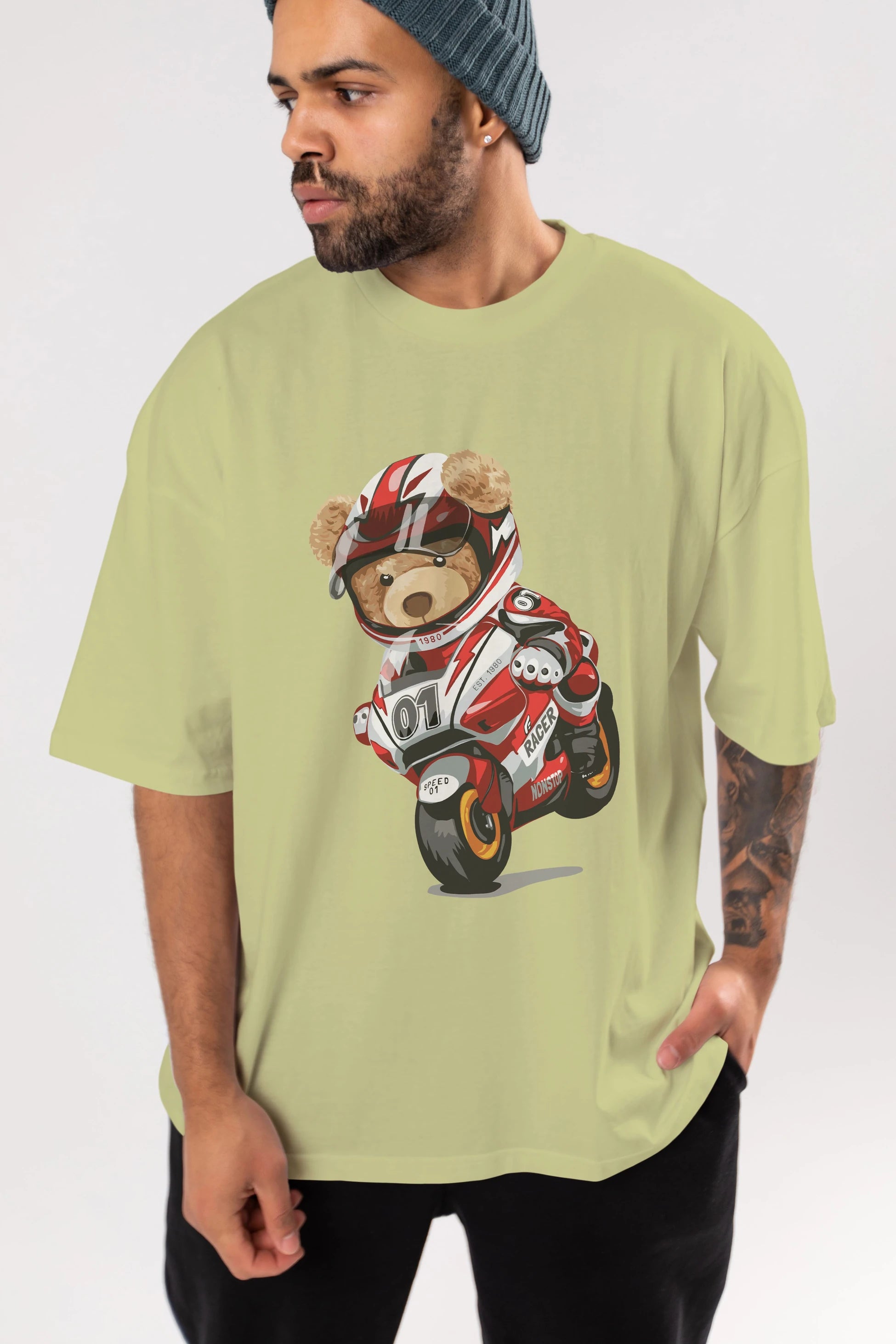 Teddy Bear Racer Ön Baskılı Oversize t-shirt Erkek Kadın Unisex %100 Pamuk