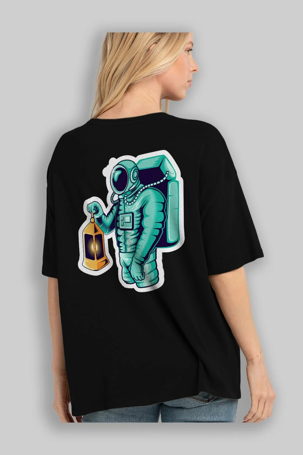 Astronaut Lantern Sticker Arka Baskılı Oversize t-shirt Erkek Kadın Unisex