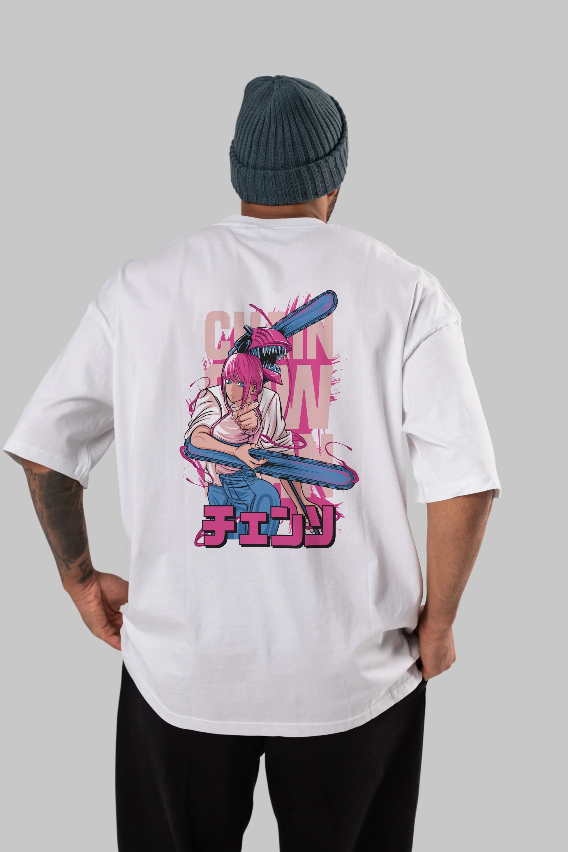 DENJI and MAKIMA Anime Arka Baskılı Oversize t-shirt Erkek Kadın Unisex