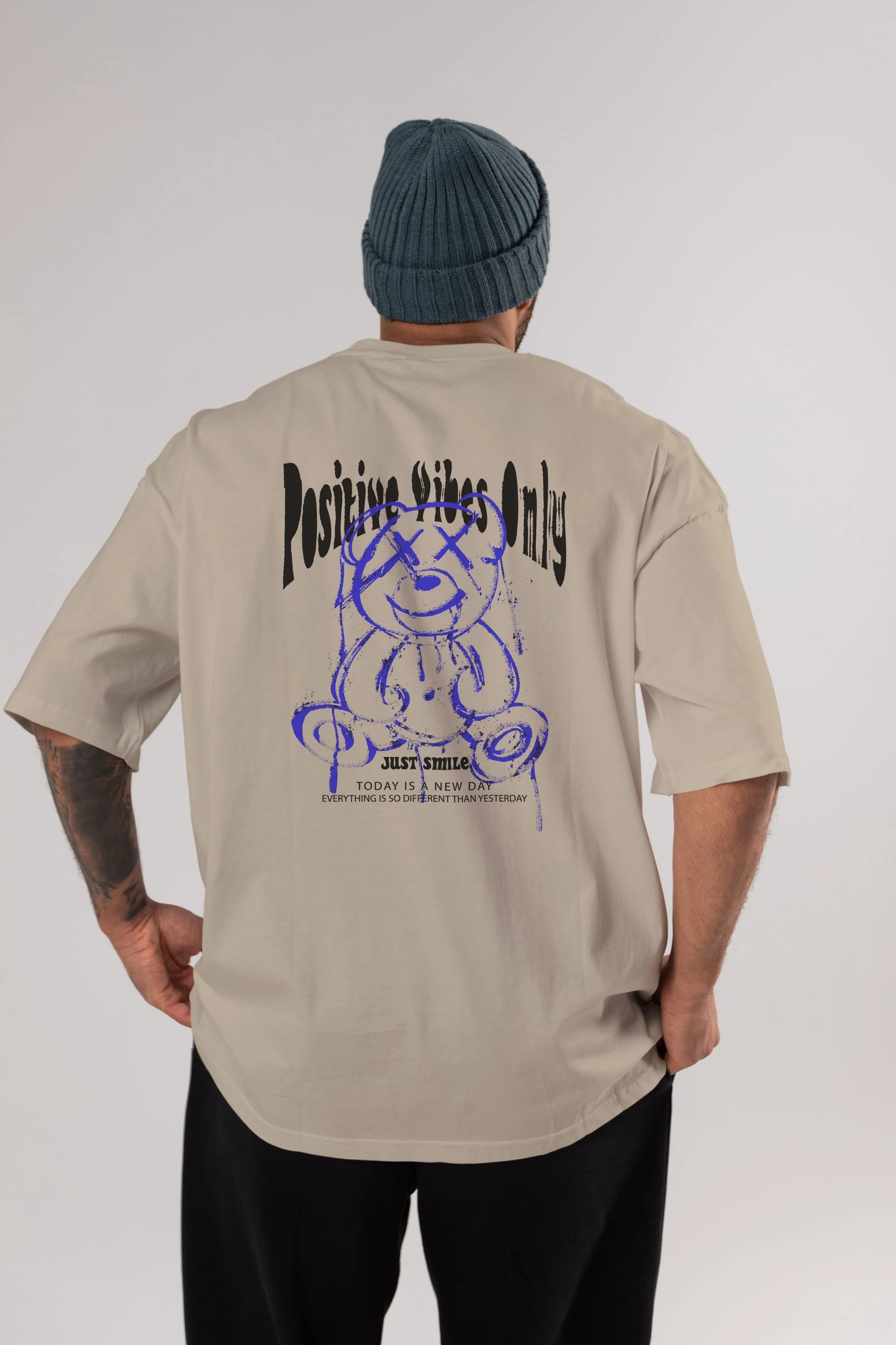 Positive Vibes Only Bear Arka Baskılı Oversize t-shirt Erkek Kadın Unisex
