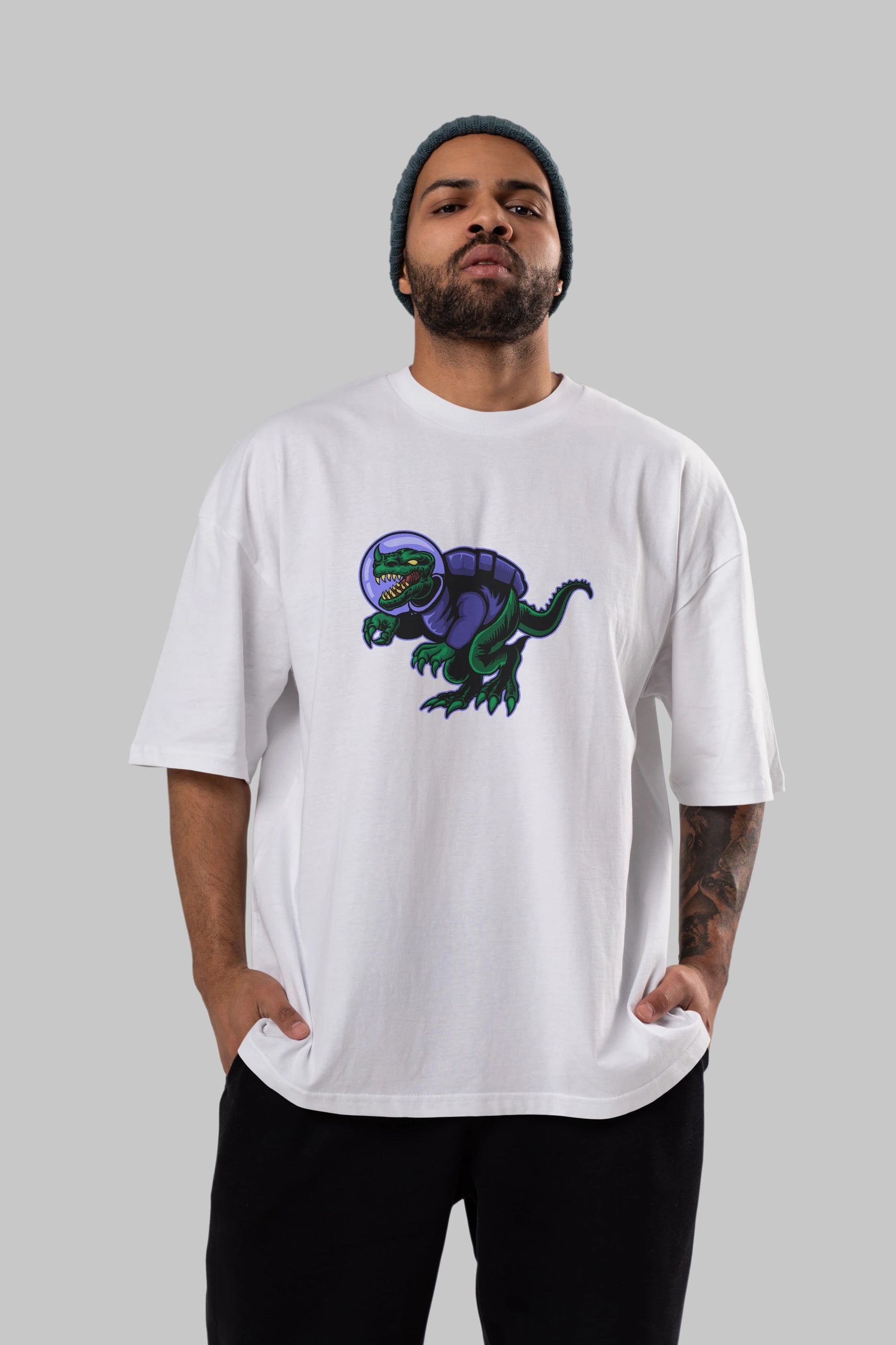 Space Dino Ön Baskılı Oversize t-shirt Erkek Kadın Unisex