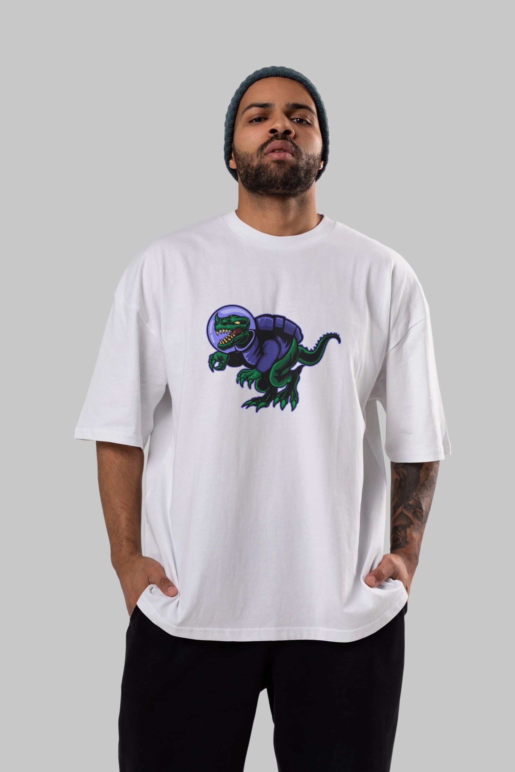 Space Dino Ön Baskılı Oversize t-shirt Erkek Kadın Unisex
