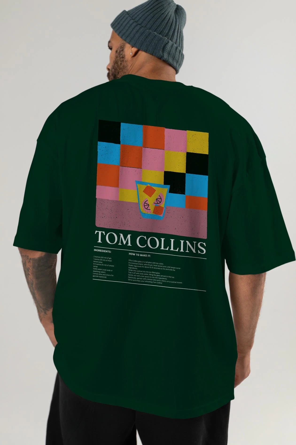 Tom Collins Kokteyl Serisi Arka Baskılı Oversize t-shirt Erkek Kadın %100 Pamuk Bisiklet Yaka tişort