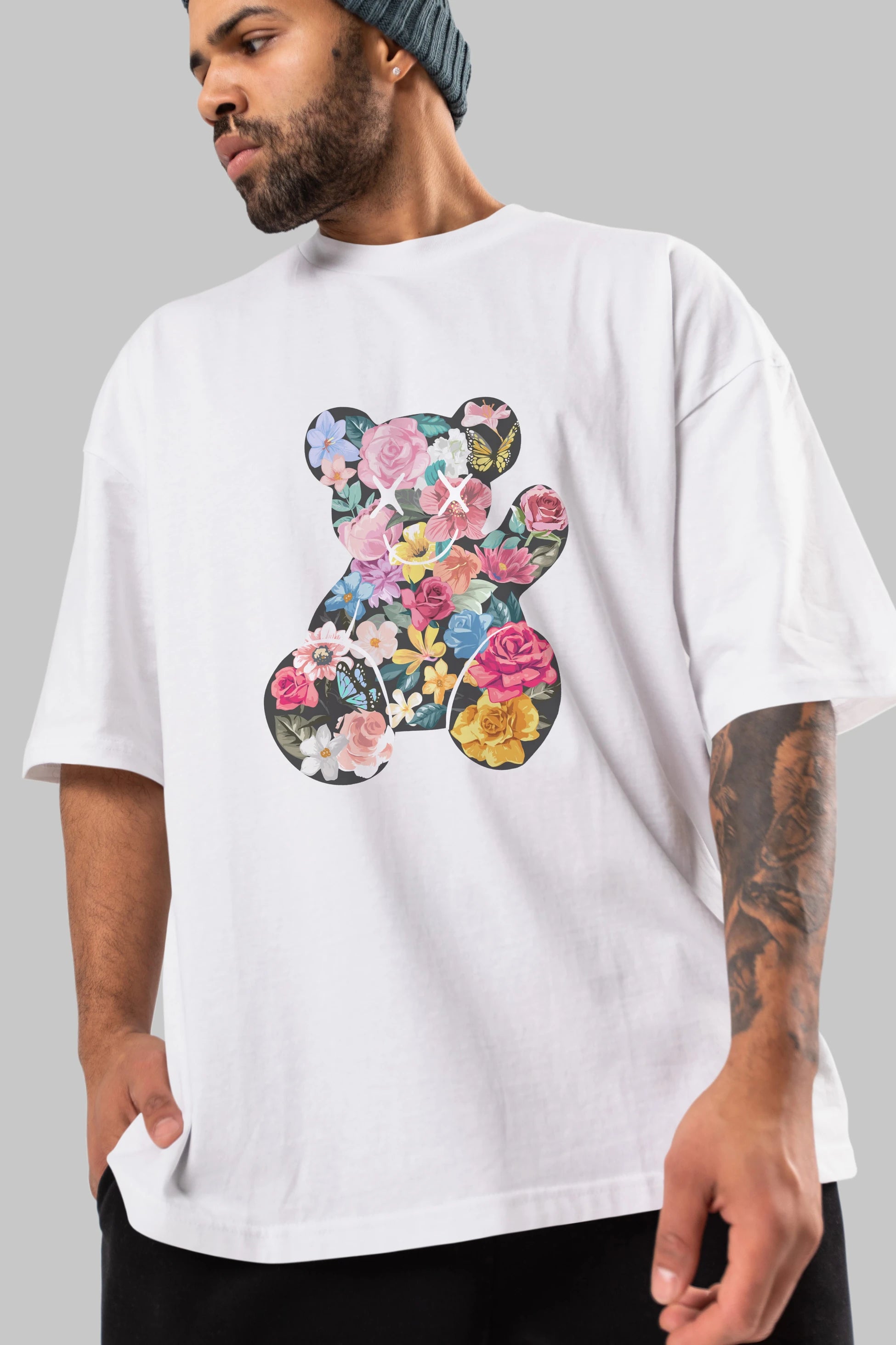 Flowers Bear Ön Baskılı Oversize t-shirt Erkek Kadın Unisex