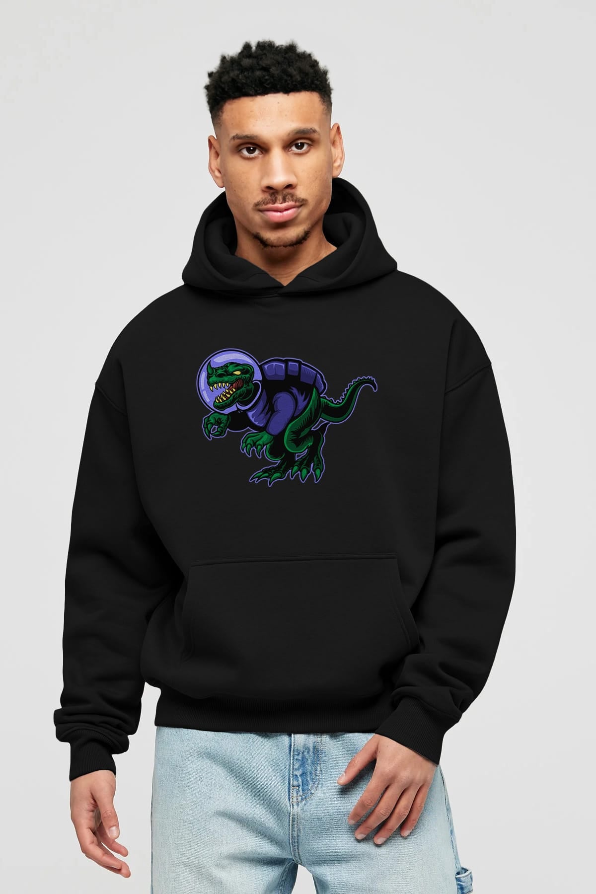 Space Dino Ön Baskılı Hoodie Oversize Kapüşonlu Sweatshirt Erkek Kadın Unisex