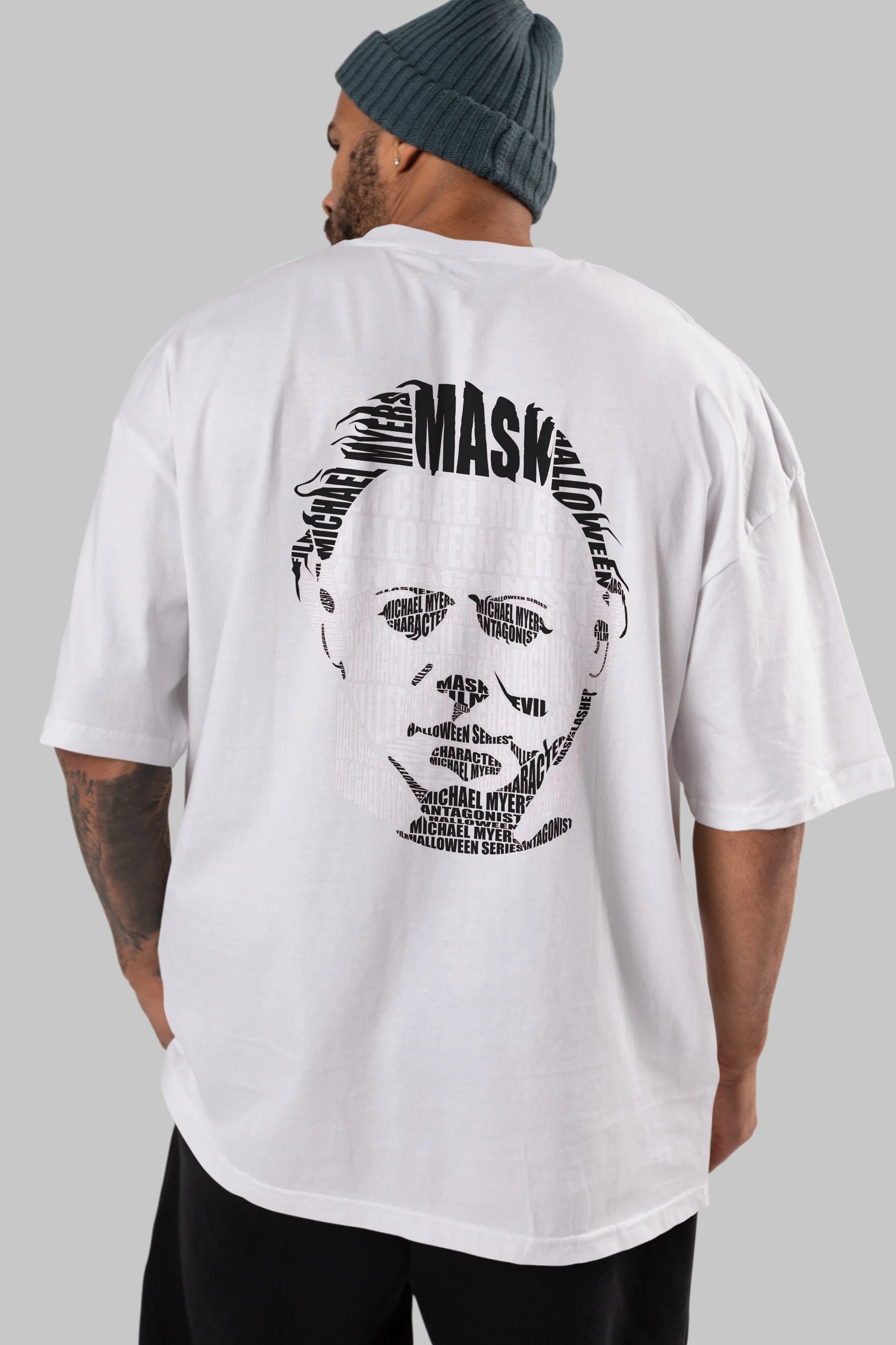 Michael Myers Calligram Arka Baskılı Oversize t-shirt %100 pamuk Erkek Kadın Unisex
