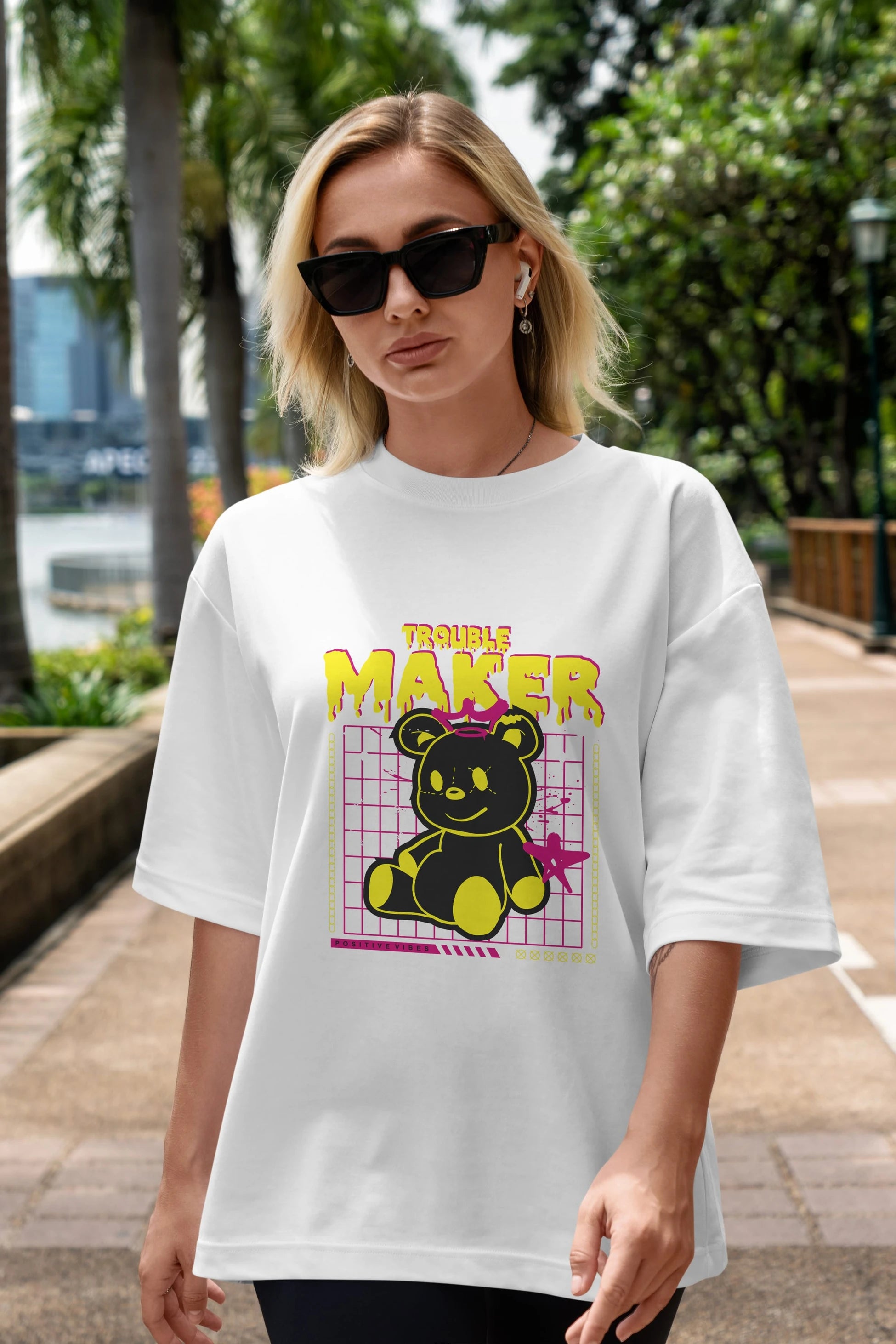 Teddy Bear Trouble Maker Ön Baskılı Oversize t-shirt Erkek Kadın Unisex