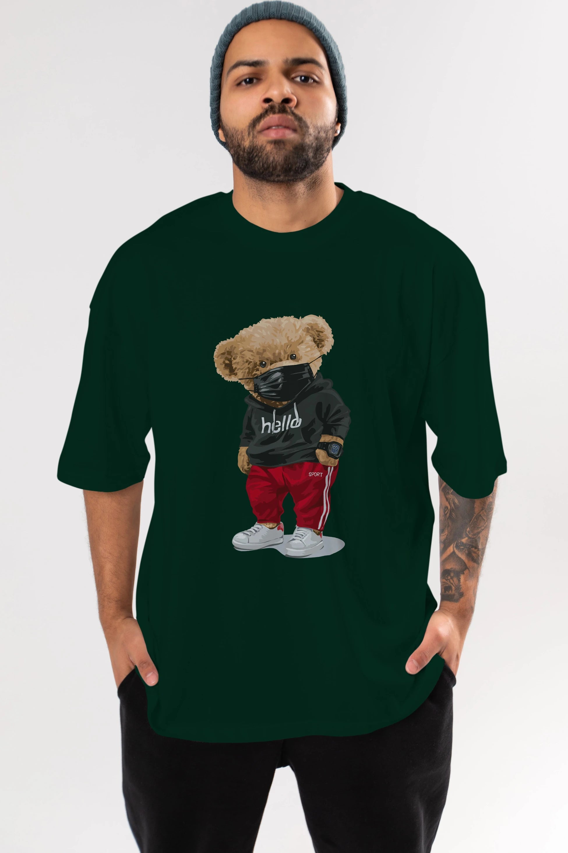 Teddy Bear Hello Sport Ön Baskılı Oversize t-shirt Erkek Kadın Unisex %100 Pamuk