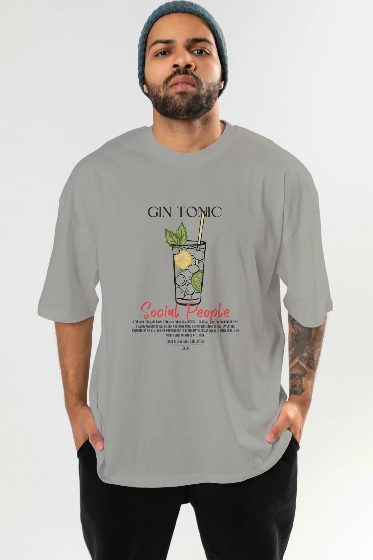Gın Tonıc Kokteyl Serisi ön Baskılı Oversize t-shirt Erkek Kadın %100 Pamuk Bisiklet Yaka tişort