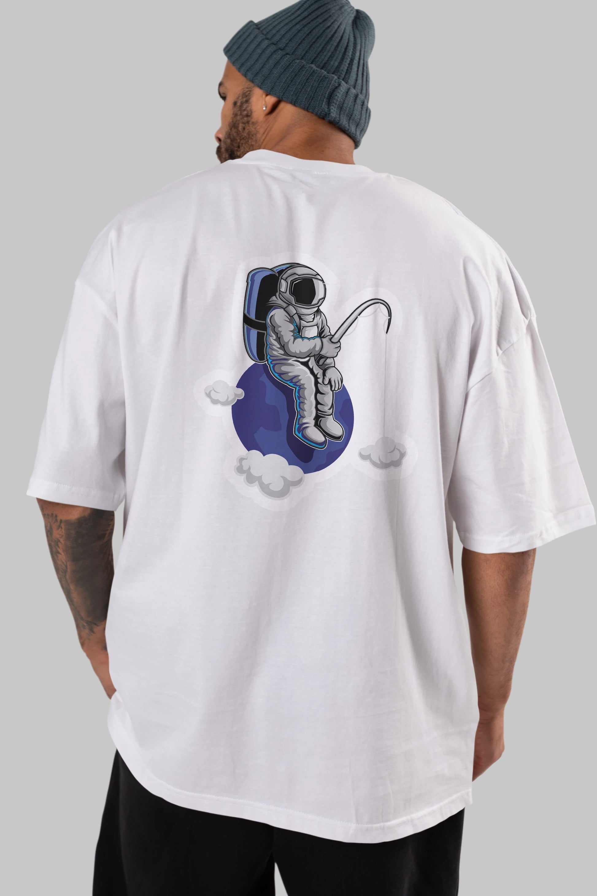 Astronaut Fishing Sticker Arka Baskılı Oversize t-shirt Erkek Kadın Unisex