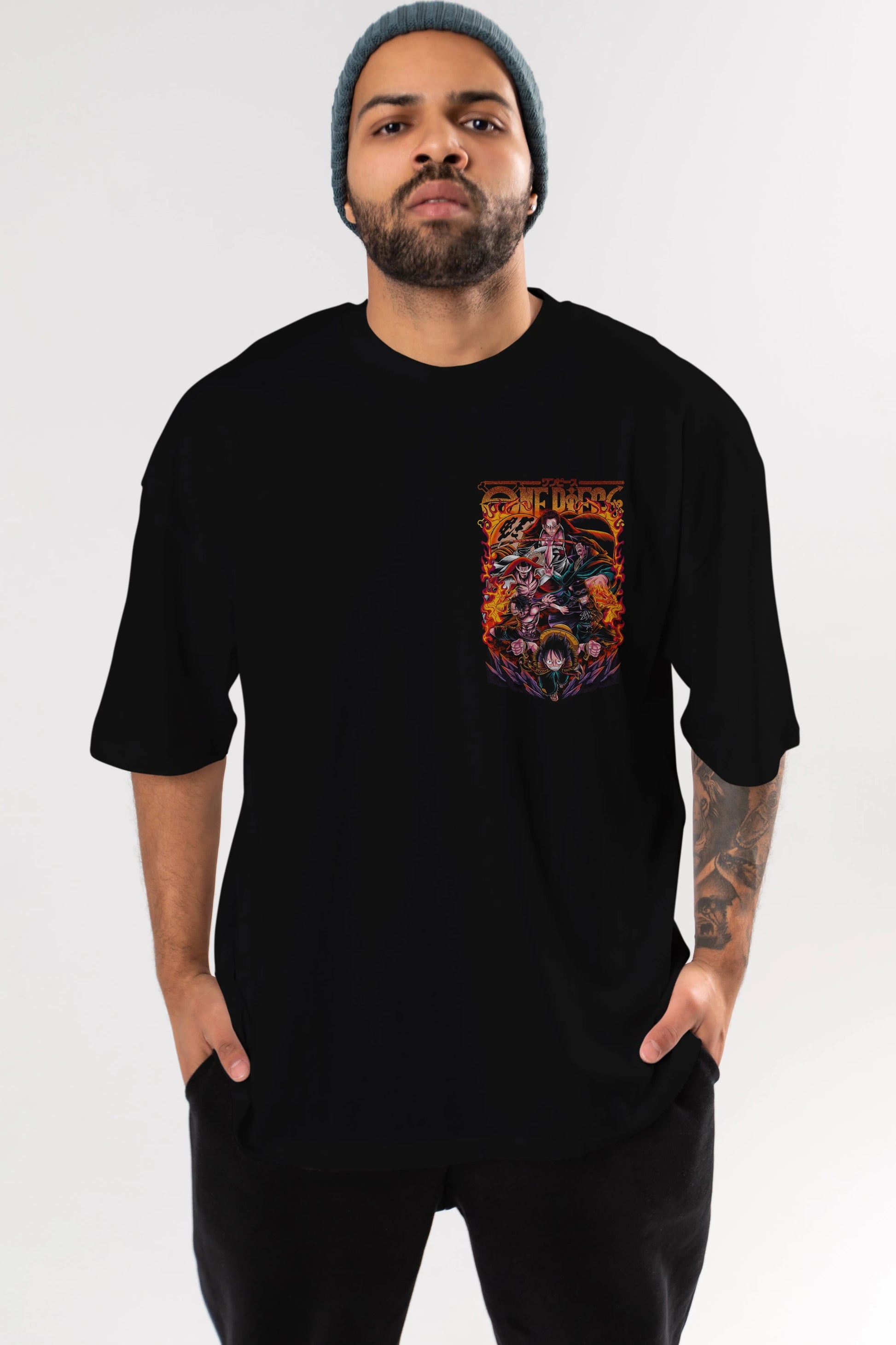 ONE PIECE (3) Ön Sol Baskılı Oversize t-shirt Erkek Kadın Unisex %100 Pamuk Bisiklet Yaka tişort