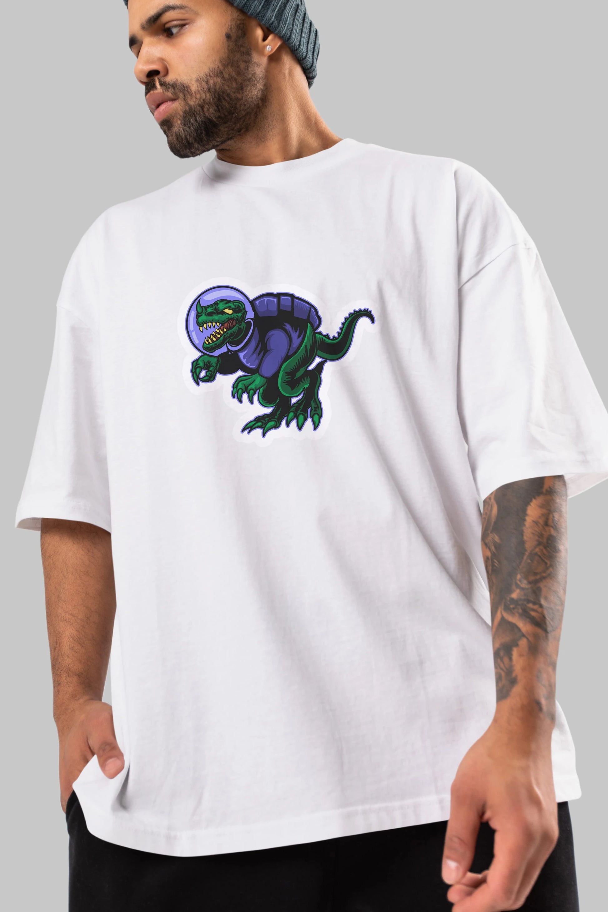 Space Dino Sticker Ön Baskılı Oversize t-shirt Erkek Kadın Unisex
