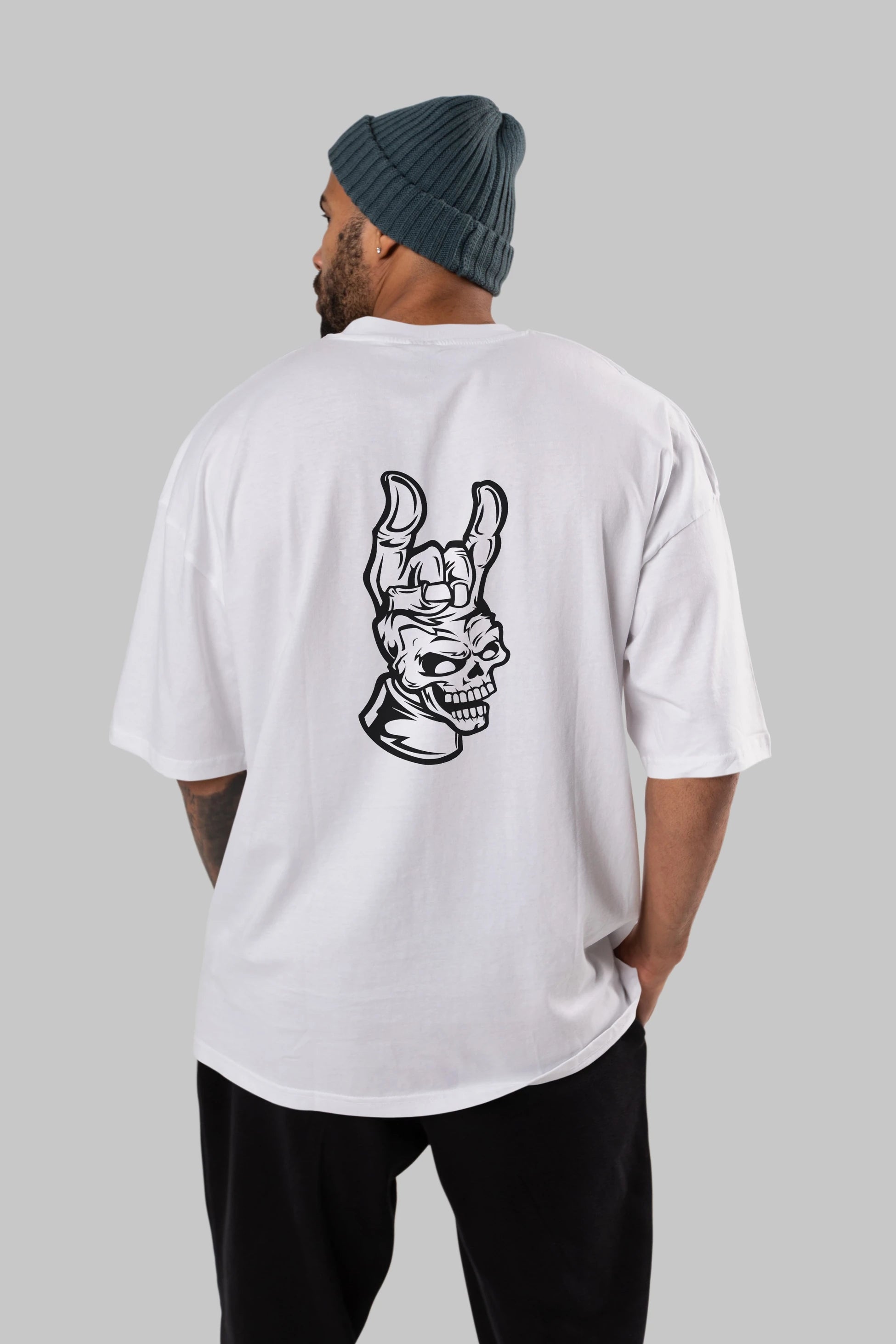 Hand Metal Skull Arka Baskılı Oversize t-shirt Erkek Kadın Unisex %100 Pamuk tişort