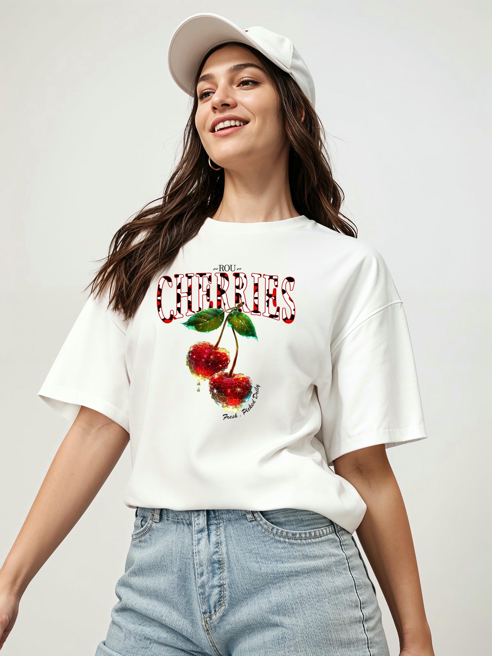 Cherry Cherries 7 Ön Baskılı Oversize t-shirt Erkek Kadın Pamuk Bisiklet Yaka tişort