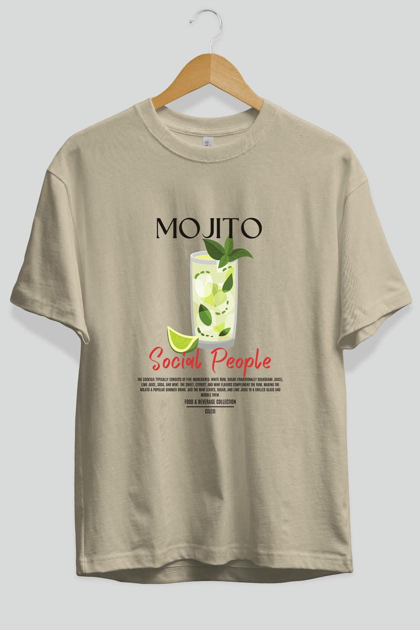 Mojıto Kokteyl Serisi ön Baskılı Oversize t-shirt Erkek Kadın %100 Pamuk Bisiklet Yaka tişort