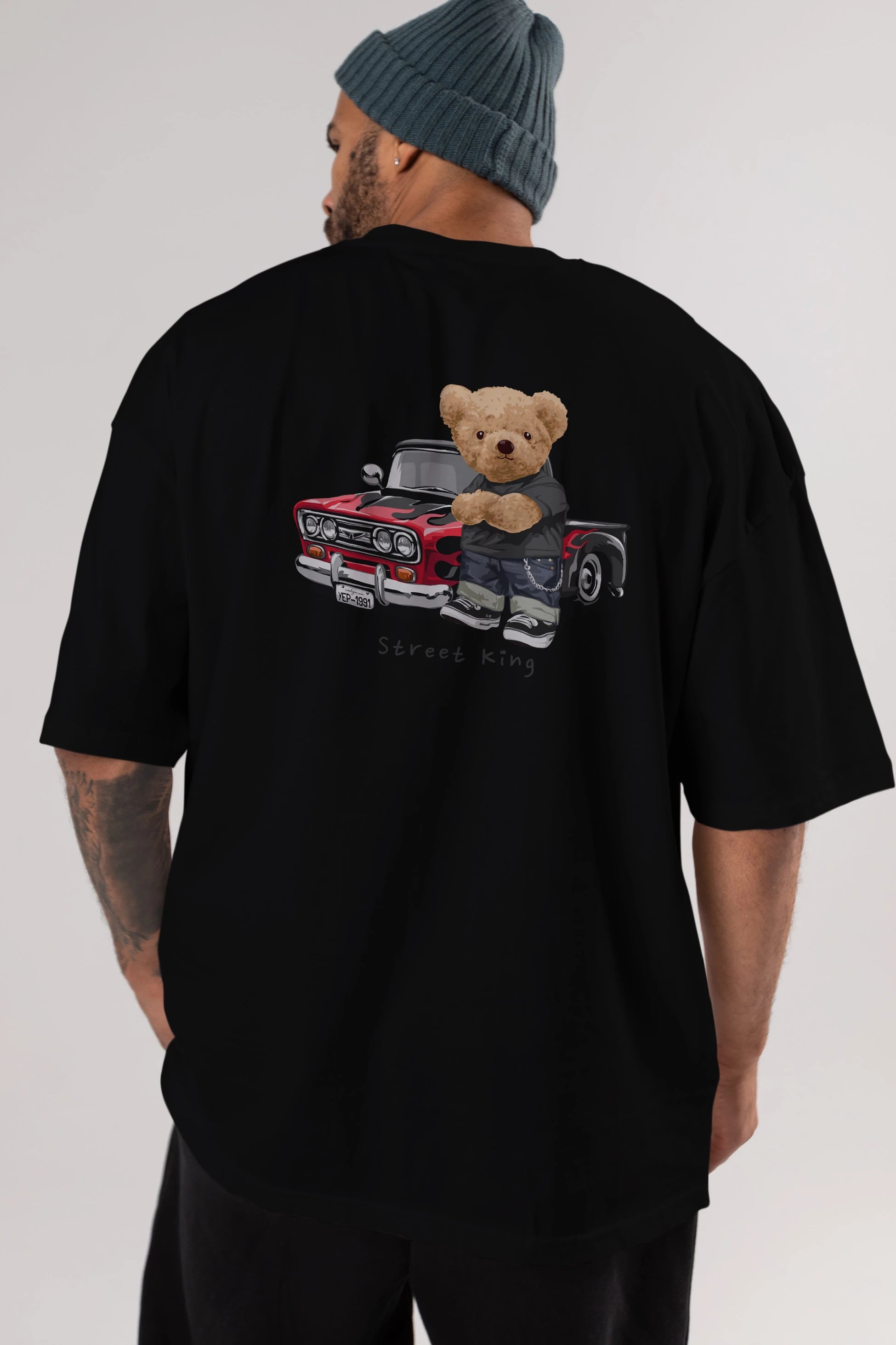 Teddy Bear Street King Arka Baskılı Oversize t-shirt Erkek Kadın Unisex %100 Pamuk