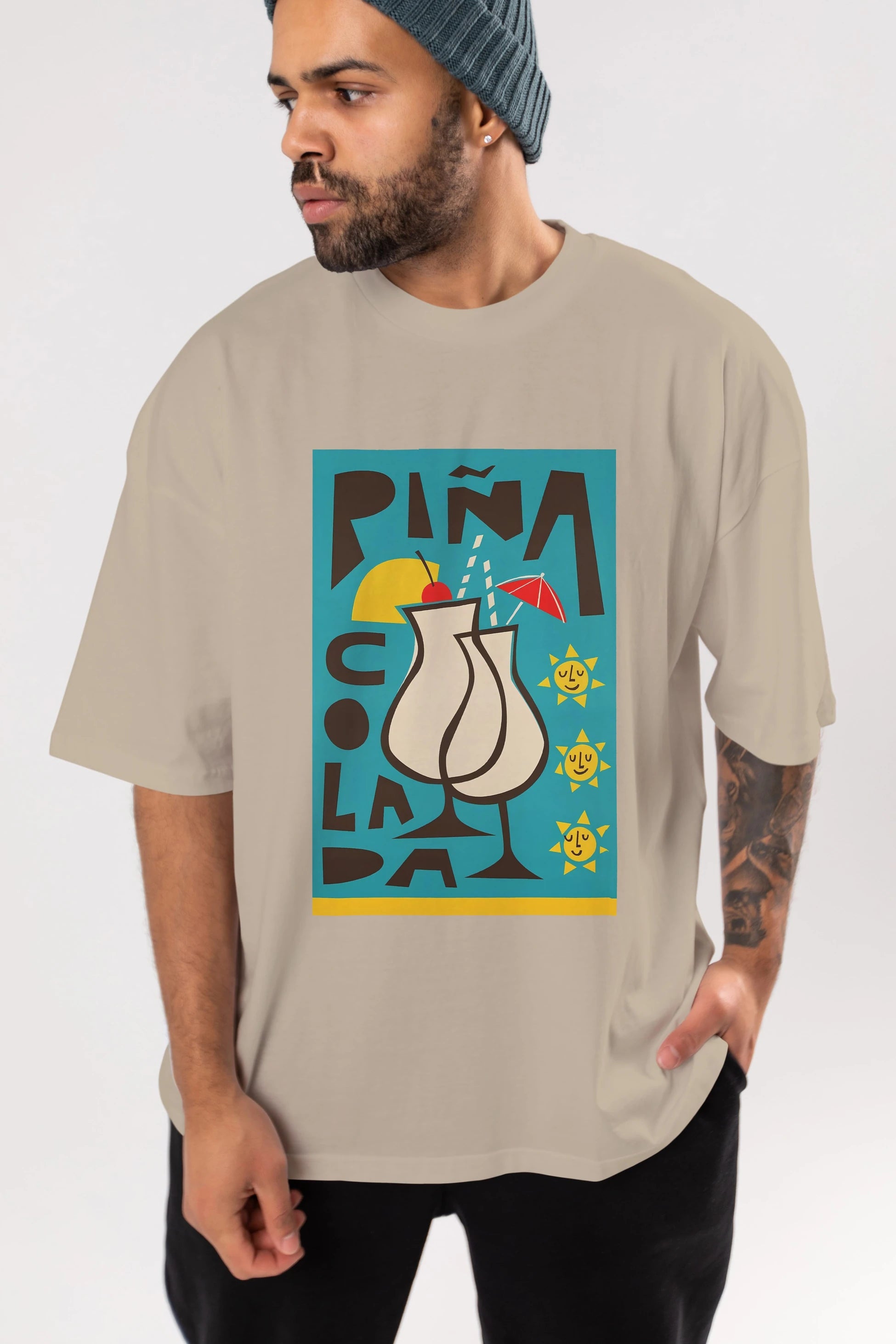Pina Colada 4 Ön Baskılı Oversize t-shirt Erkek Kadın Unisex %100 Pamuk Bisiklet Yaka tişort