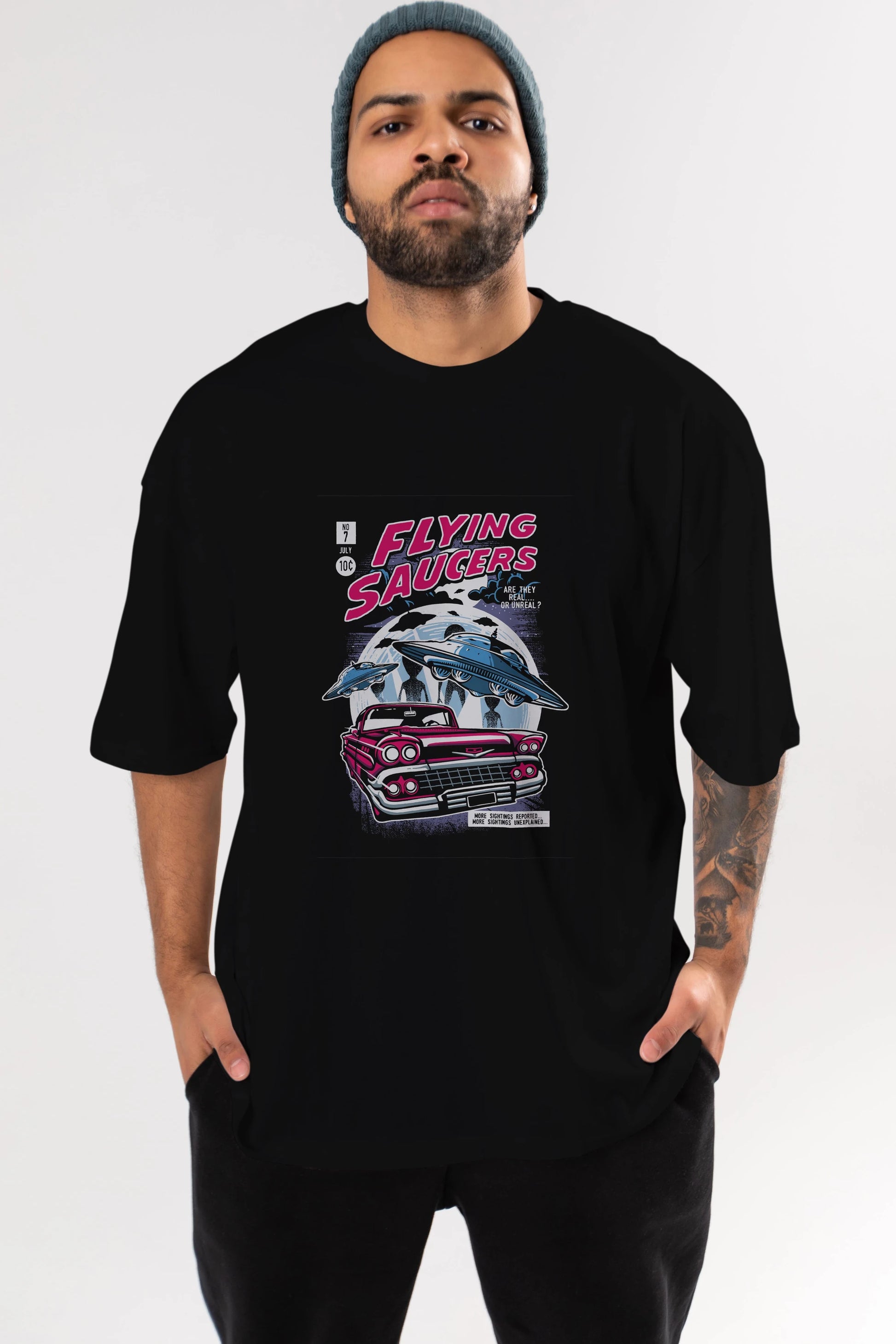 Flying Saucers Ön Baskılı Oversize t-shirt Erkek Kadın Unisex %100 Pamuk tişort