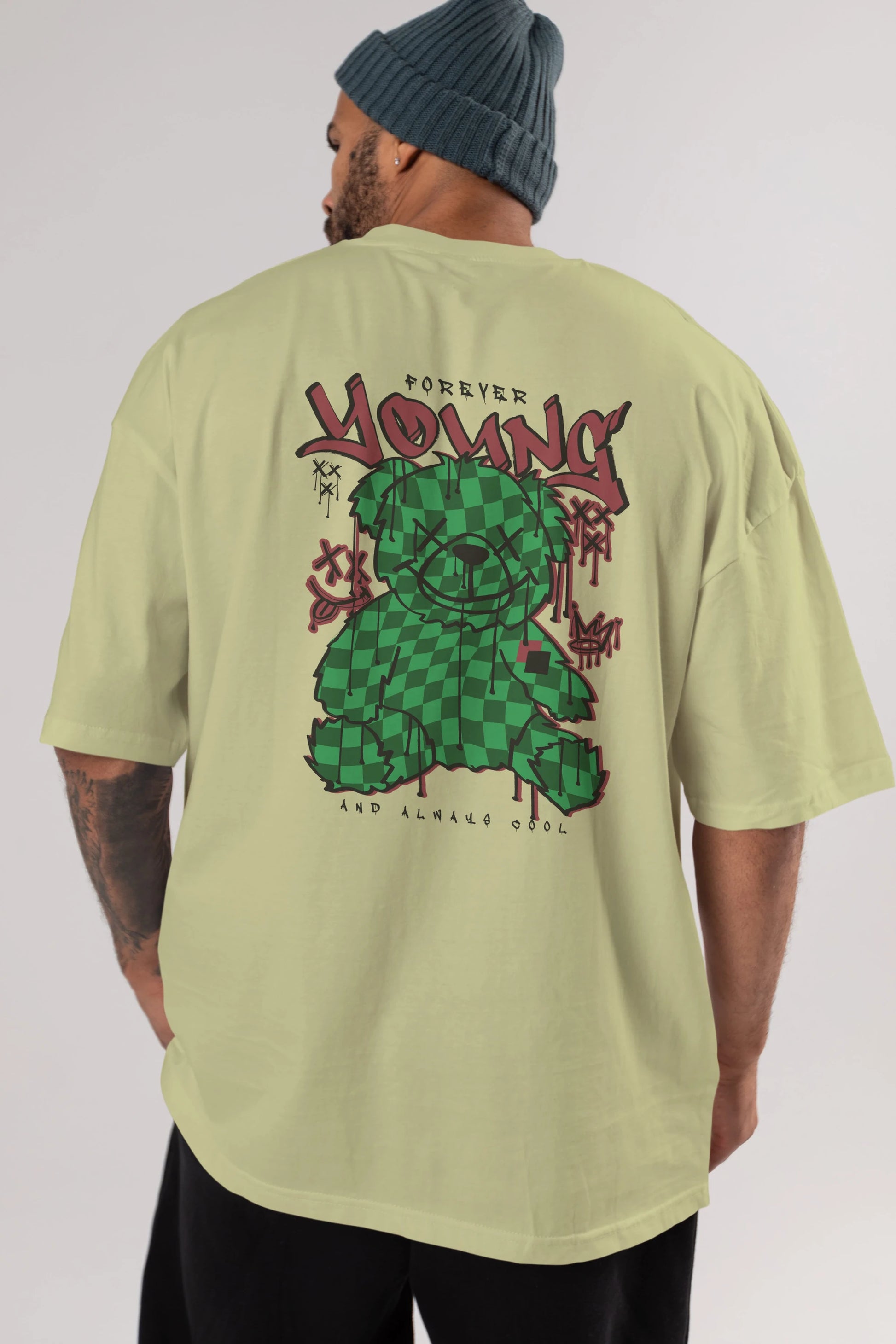 Young and Always Cool Bear Arka Baskılı Oversize t-shirt Erkek Kadın Unisex