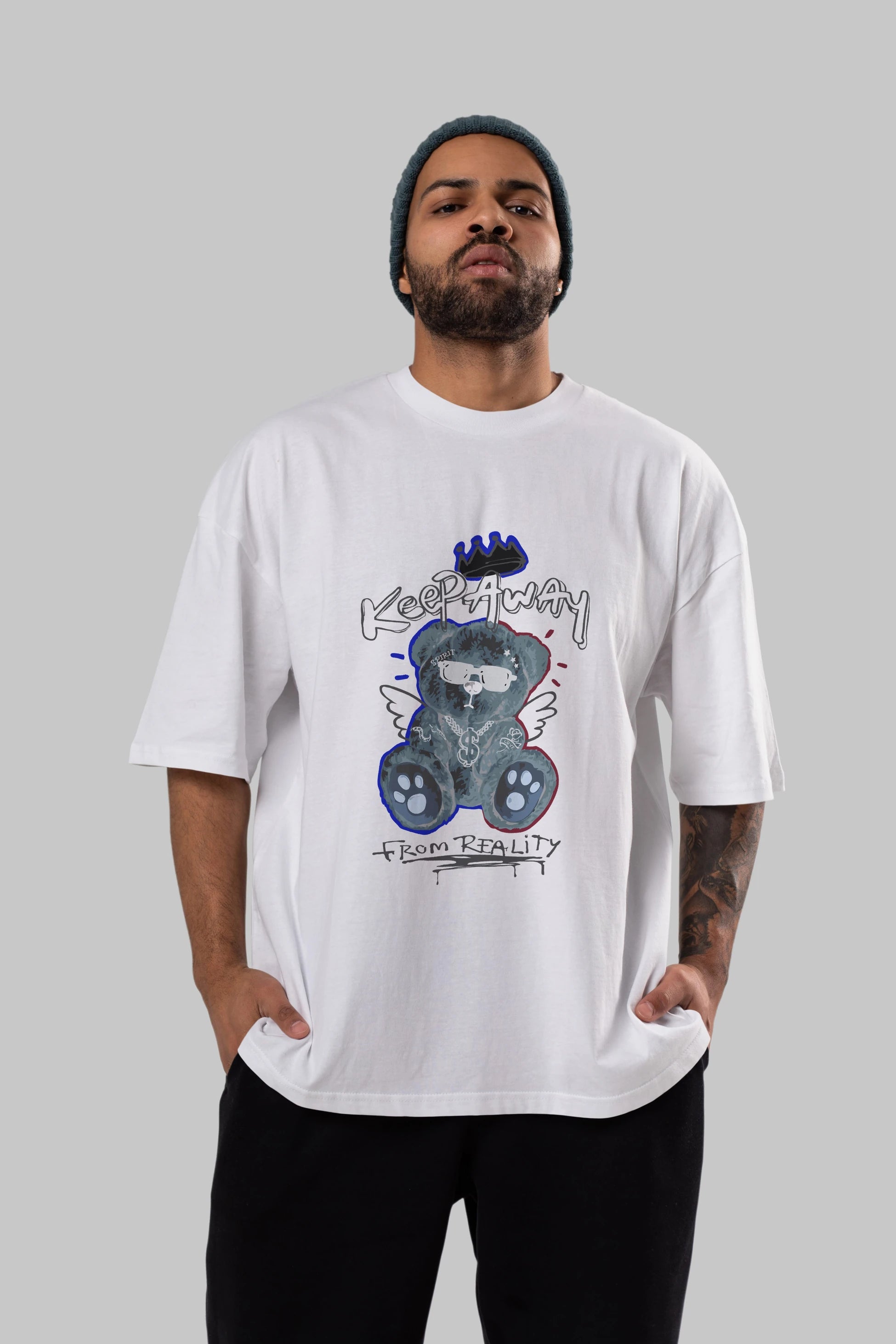 Keep Away Bear Ön Baskılı Oversize t-shirt Erkek Kadın Unisex