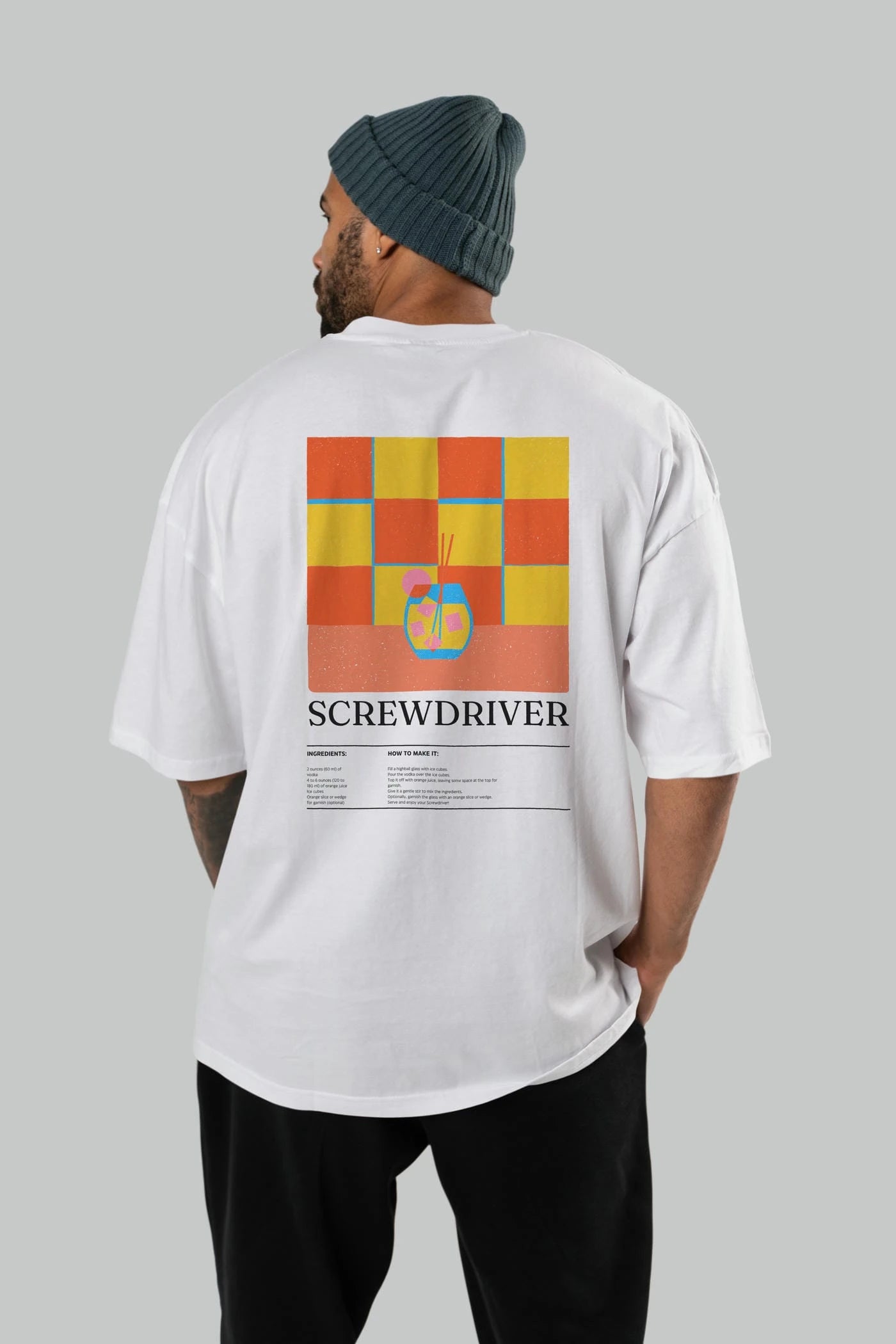 Screwdriver Kokteyl Serisi Arka Baskılı Oversize t-shirt Erkek Kadın %100 Pamuk Bisiklet Yaka tişort