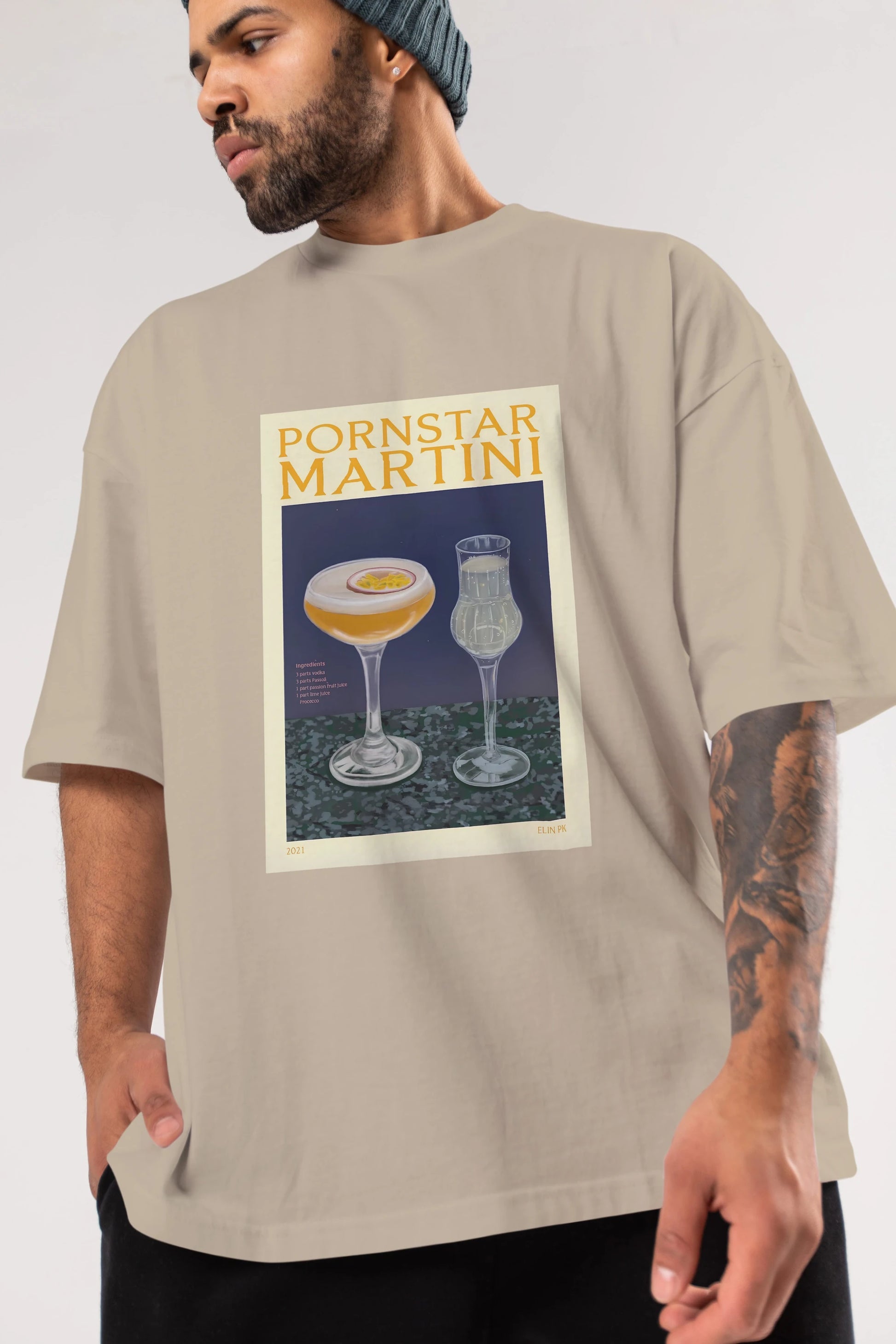 P.rnstar Martini Ön Baskılı Oversize t-shirt Erkek Kadın Unisex %100 Pamuk Bisiklet Yaka tişort