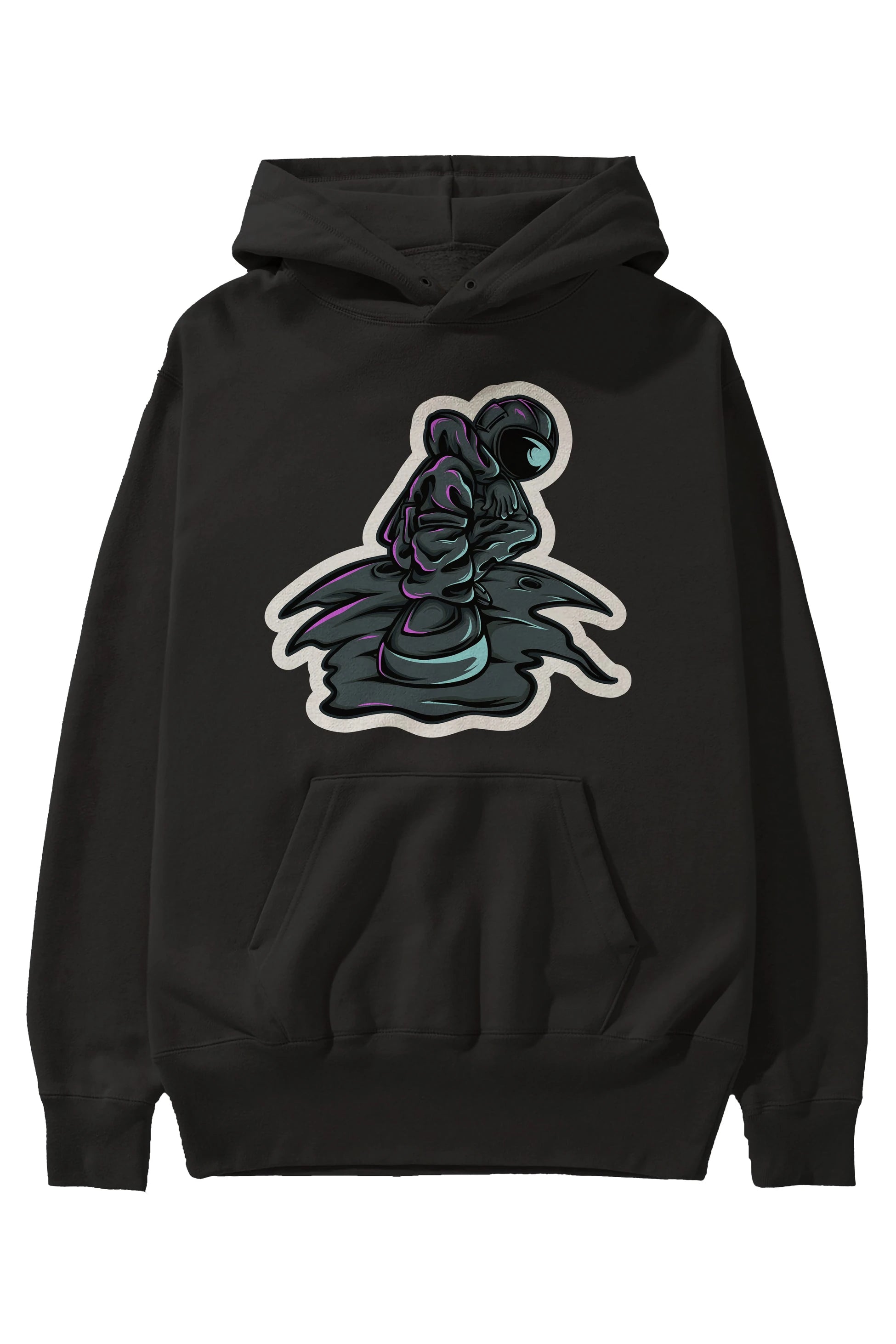 Stylish Astronaut Sticker Ön Baskılı Hoodie Oversize Kapüşonlu Sweatshirt Erkek Kadın Unisex