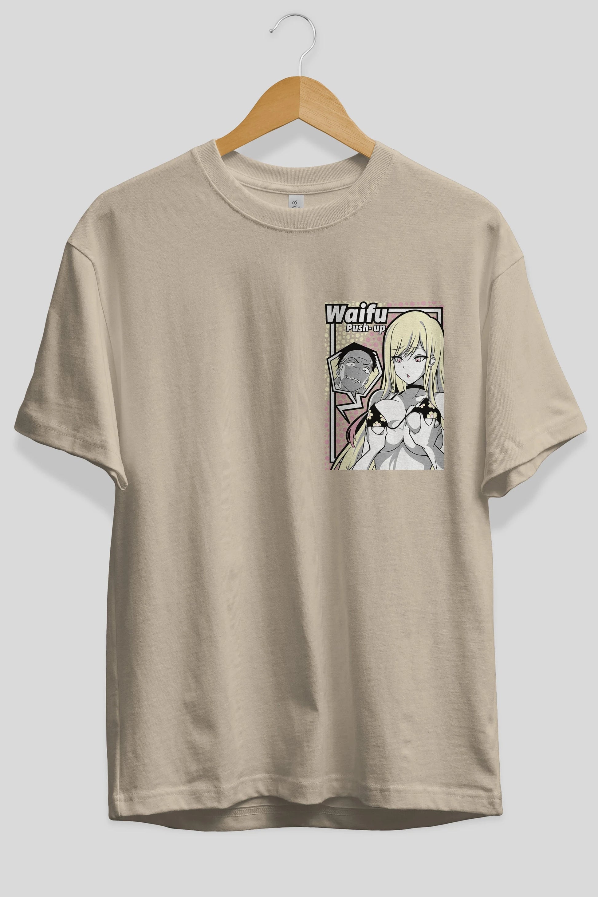 Waifu PushUp Ön Sol Baskılı Oversize t-shirt Erkek Kadın Unisex %100 Pamuk Bisiklet Yaka tişort