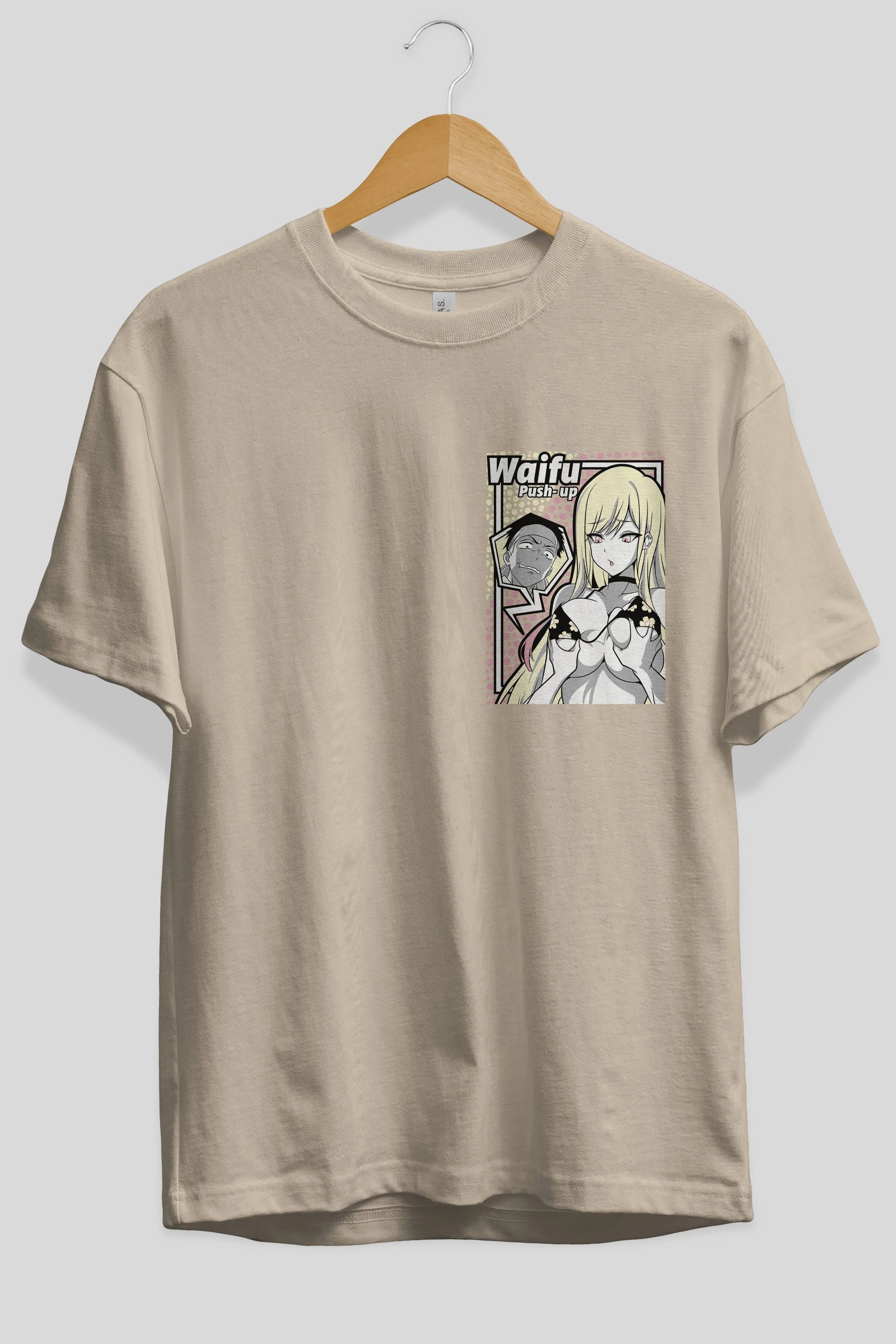 Waifu PushUp Ön Sol Baskılı Oversize t-shirt Erkek Kadın Unisex %100 Pamuk Bisiklet Yaka tişort