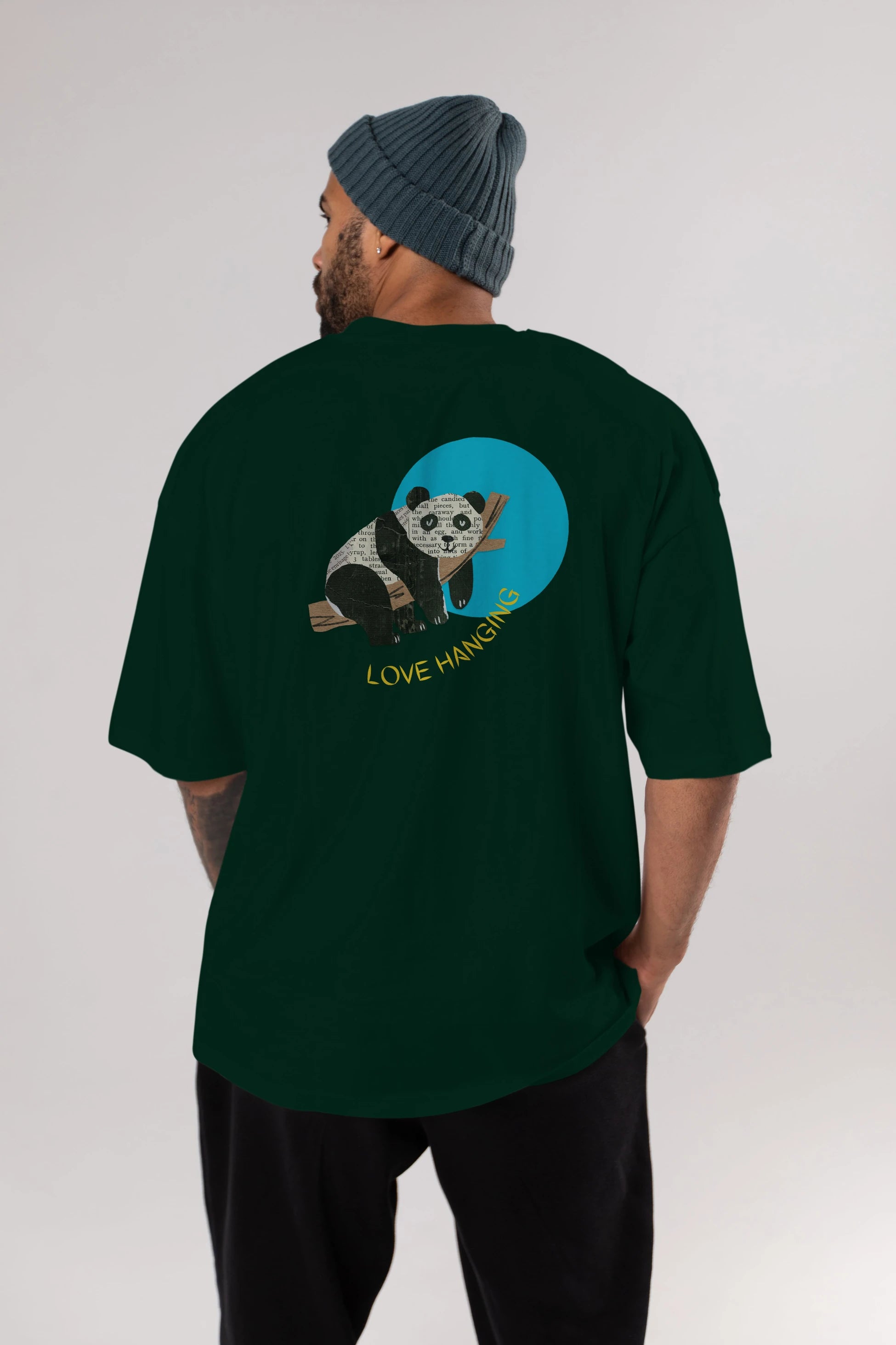 Panda Love Hanging Arka Baskılı Oversize t-shirt Erkek Kadın Unisex