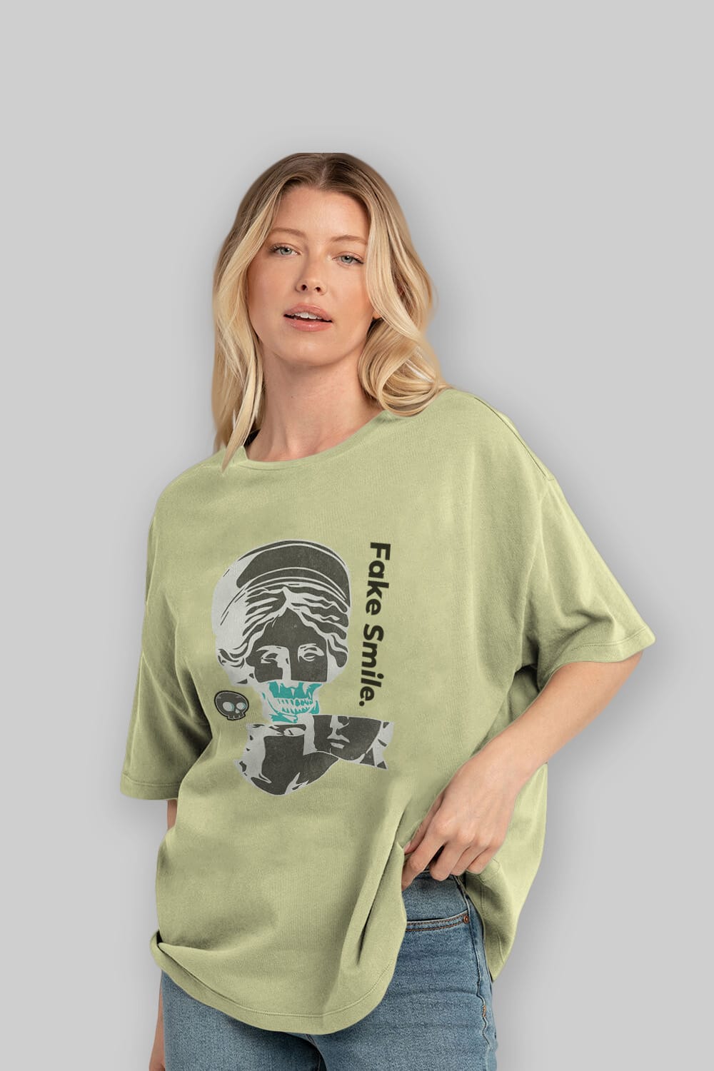 Fake Smile Yazılı Ön Baskılı Oversize t-shirt Erkek Kadın Unisex