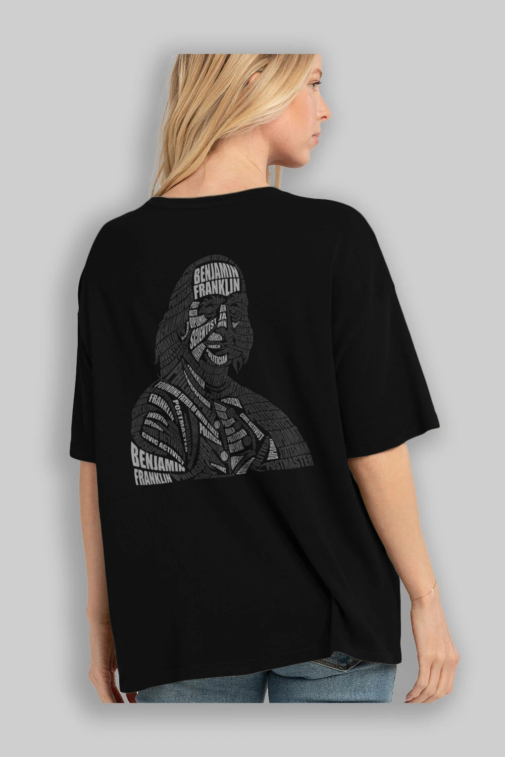Benjamin Franklin Calligram Arka Baskılı Oversize t-shirt %100 pamuk Erkek Kadın Unisex