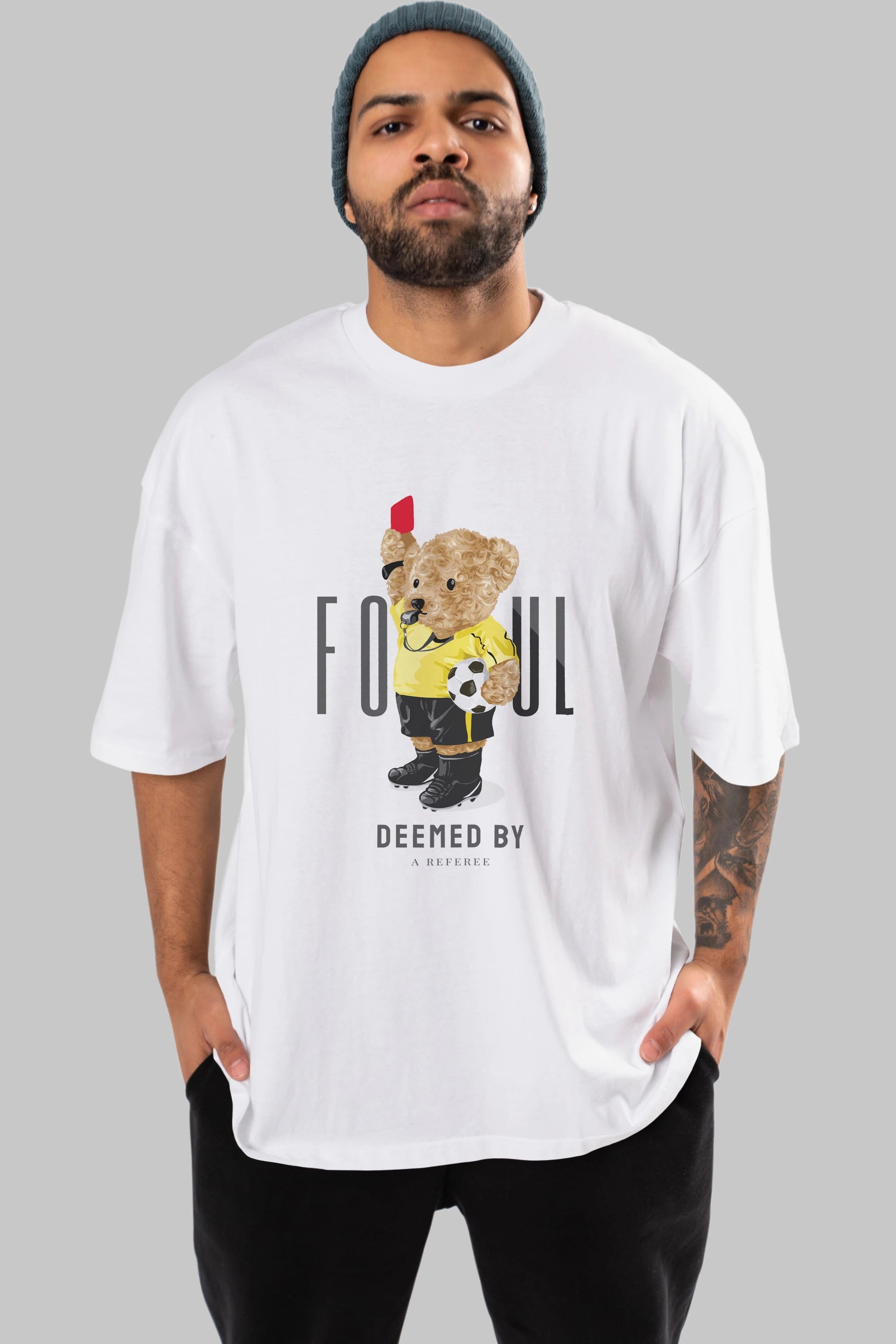 Teddy Bear Kırmızı Kart Ön Baskılı Oversize t-shirt Erkek Kadın Unisex %100 Pamuk