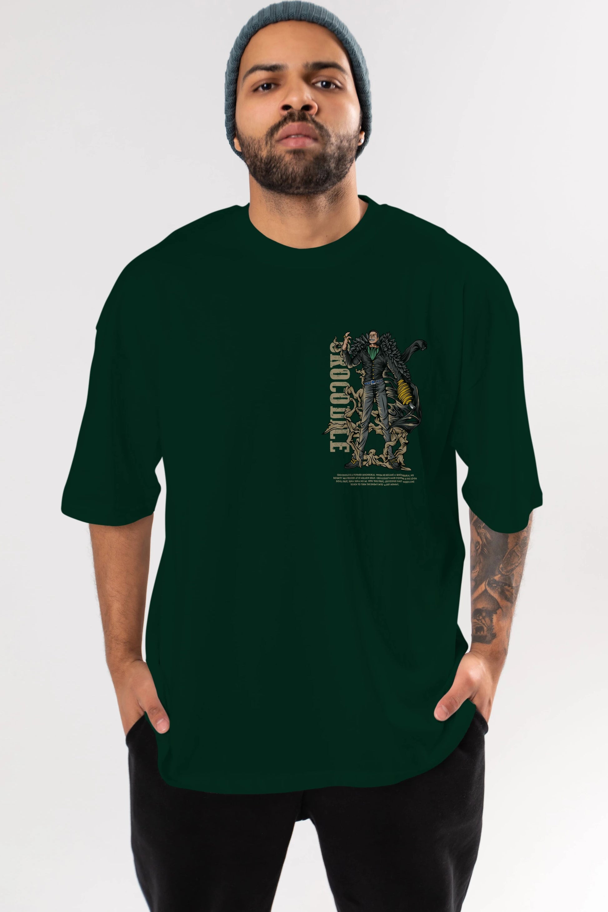 Crocodile Ön Sol Baskılı Oversize t-shirt Erkek Kadın Unisex %100 Pamuk Bisiklet Yaka tişort