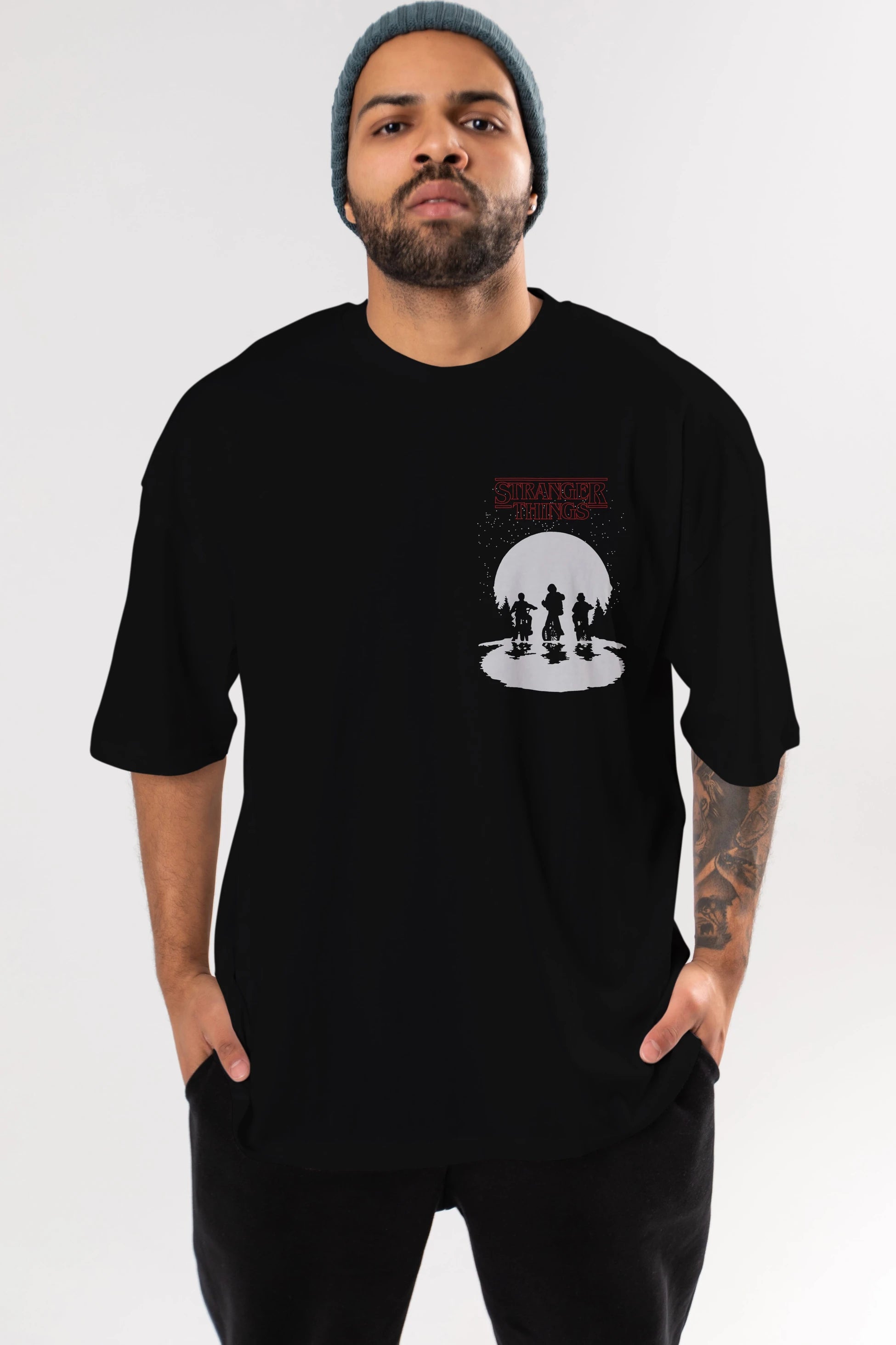 Stranger Things Ön Sol Baskılı Oversize t-shirt Erkek Kadın Unisex %100 Pamuk Bisiklet Yaka tişort